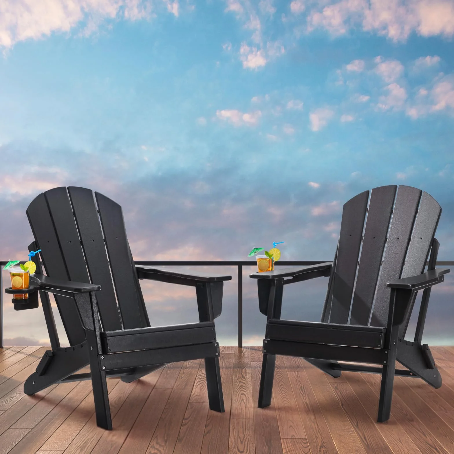 VEVOR Sedie Adirondack in Plastica Set di 2, Sedie da Esterno Pieghevoli Portatili Resistenti alle Intemperie per Patio con Portabicchieri, Bracciolo Rilassante Ergonomico, per Giardino Cortile, Nero