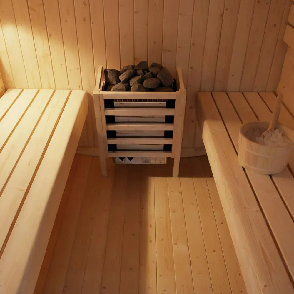 Sauna a cubo per esterni Home Deluxe L 220x185x194 cm legno abete rosso stufa 4 persone