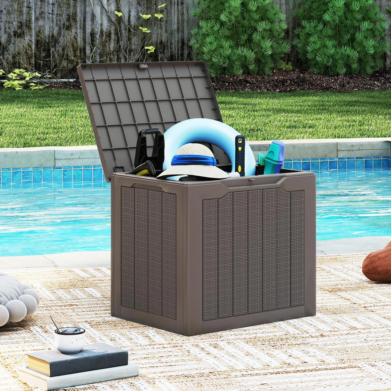 GIANTEX Contenitore per esterni, 96 l, grande scatola da giardino resistente alle intemperie, con coperchio bloccabile e trama intrecciata in rattan, organizer per attrezzi da piscina e giardino