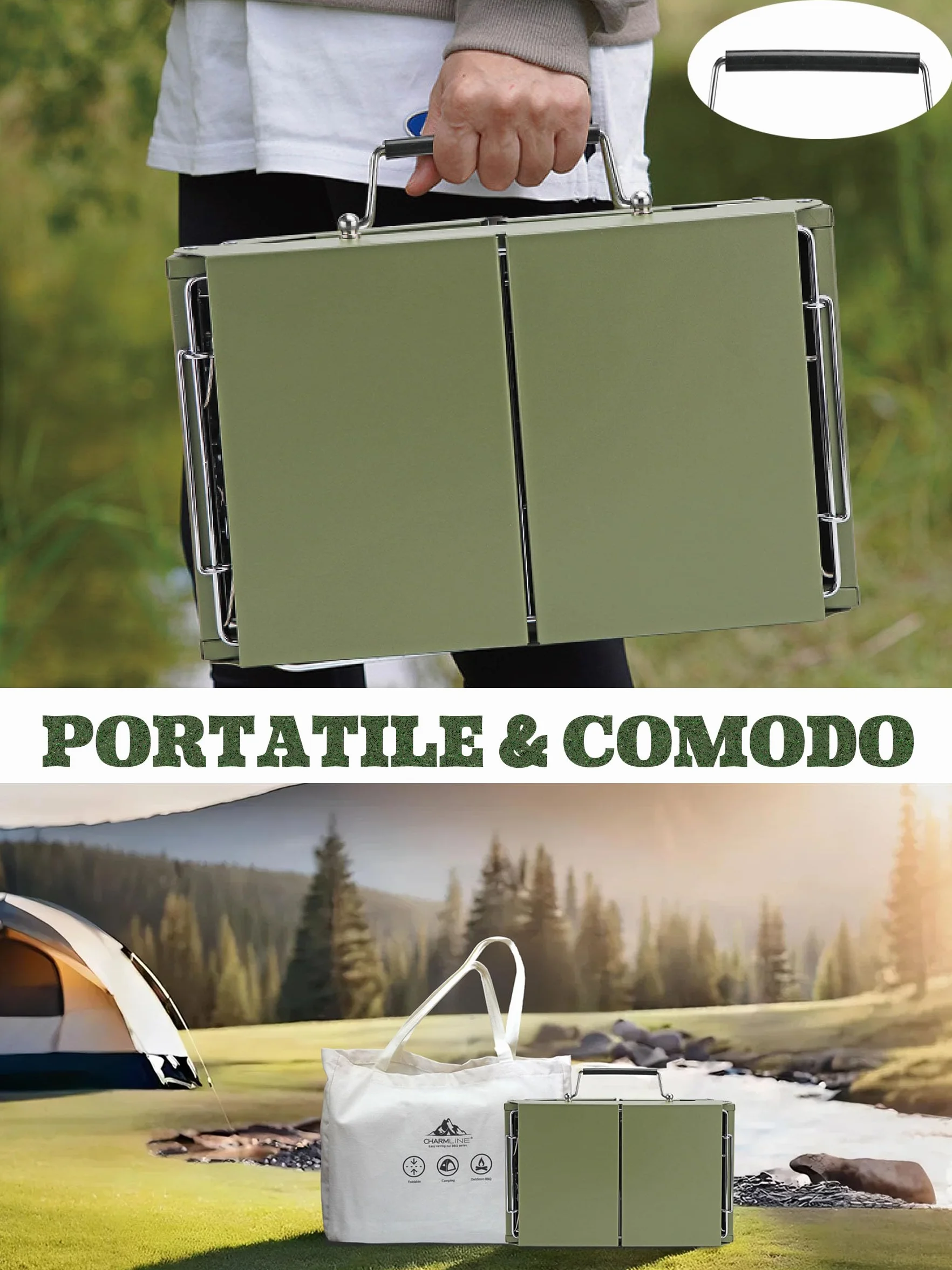 Charmline Griglia a Carbone Portatile Pieghevole 34x23 cm, BBQ Compatta per Campeggio Picnic Giardino
