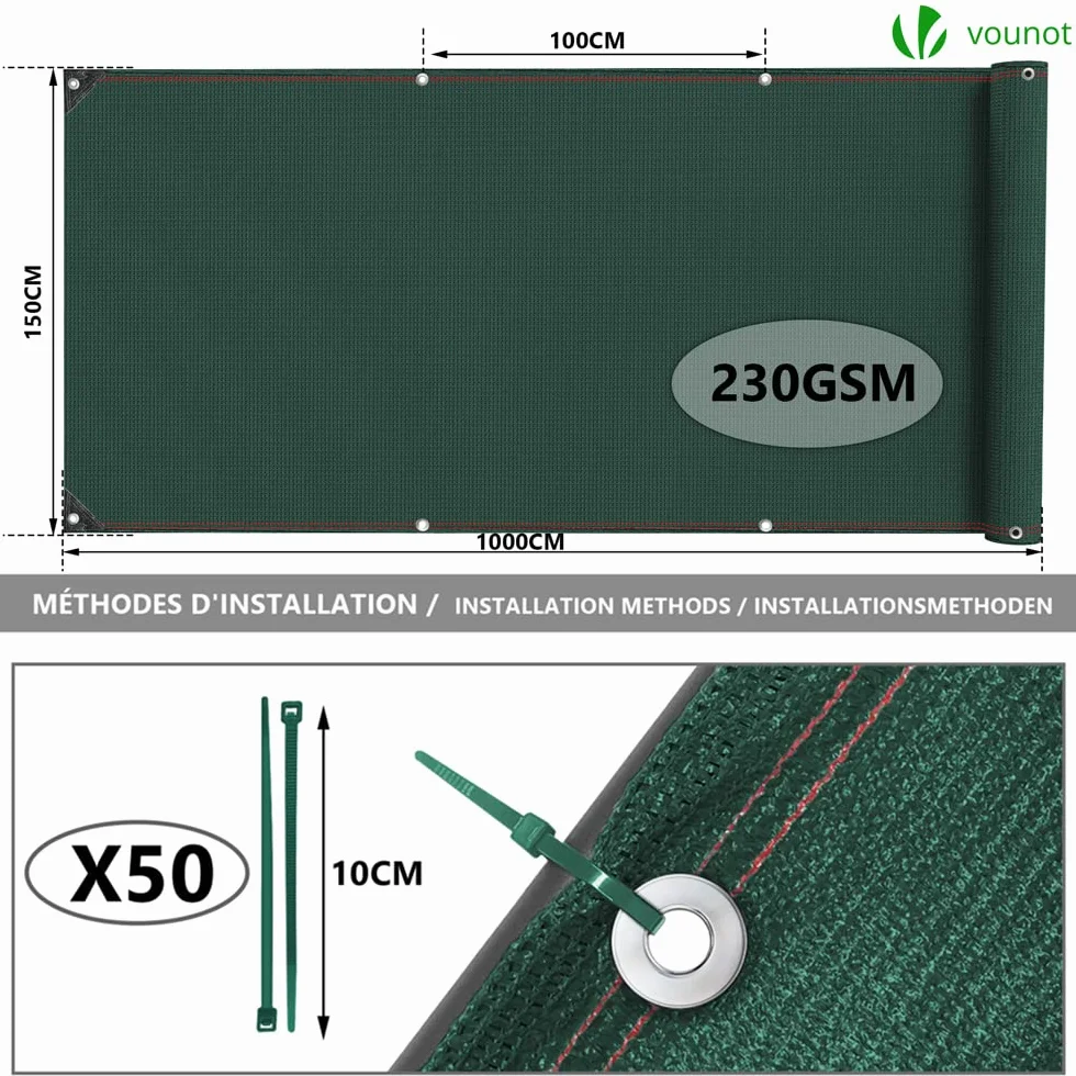 VOUNOT® Rete Ombreggiante 1.5×10m Telo Frangivista Giardino 230 g/m² HDPE Antistrappo Antivento con Fascette