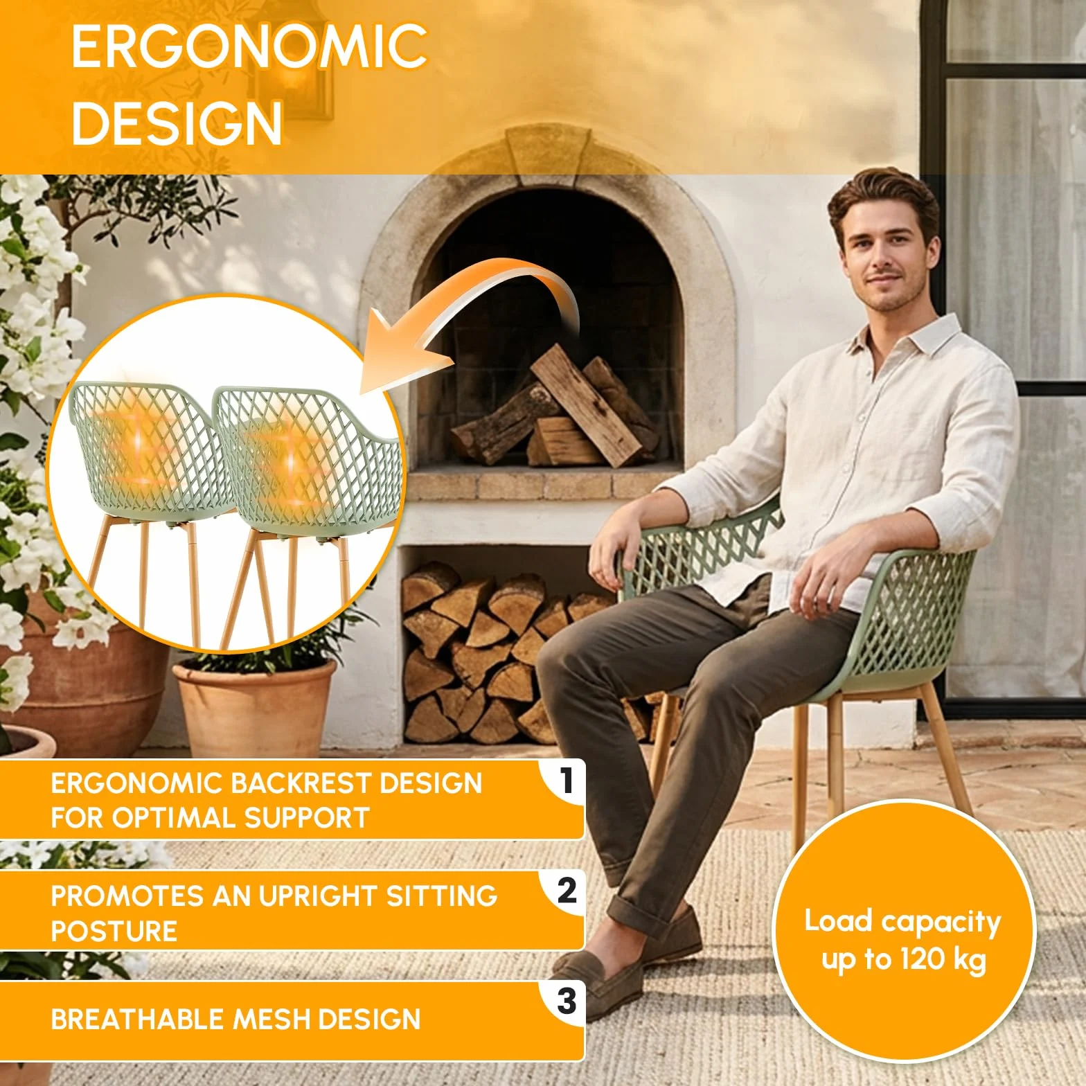 buybyroom Set di 6 sedie da giardino in plastica con bracciolo, resistenti alle intemperie, per giardino, balcone, terrazza, bistrò, balcone