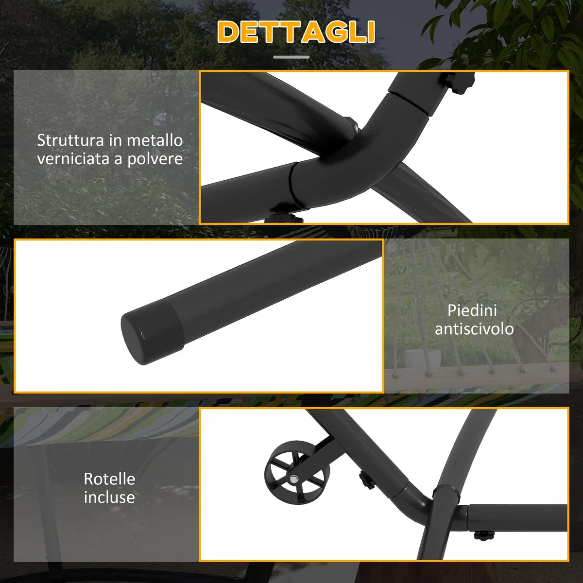 Outsunny Supporto per Amaca da 330 cm Max con 6 Fori e Rotelle, Sostegno per Amaca in Metallo con Borsa da Trasporto, 290x120x115 cm, Nero