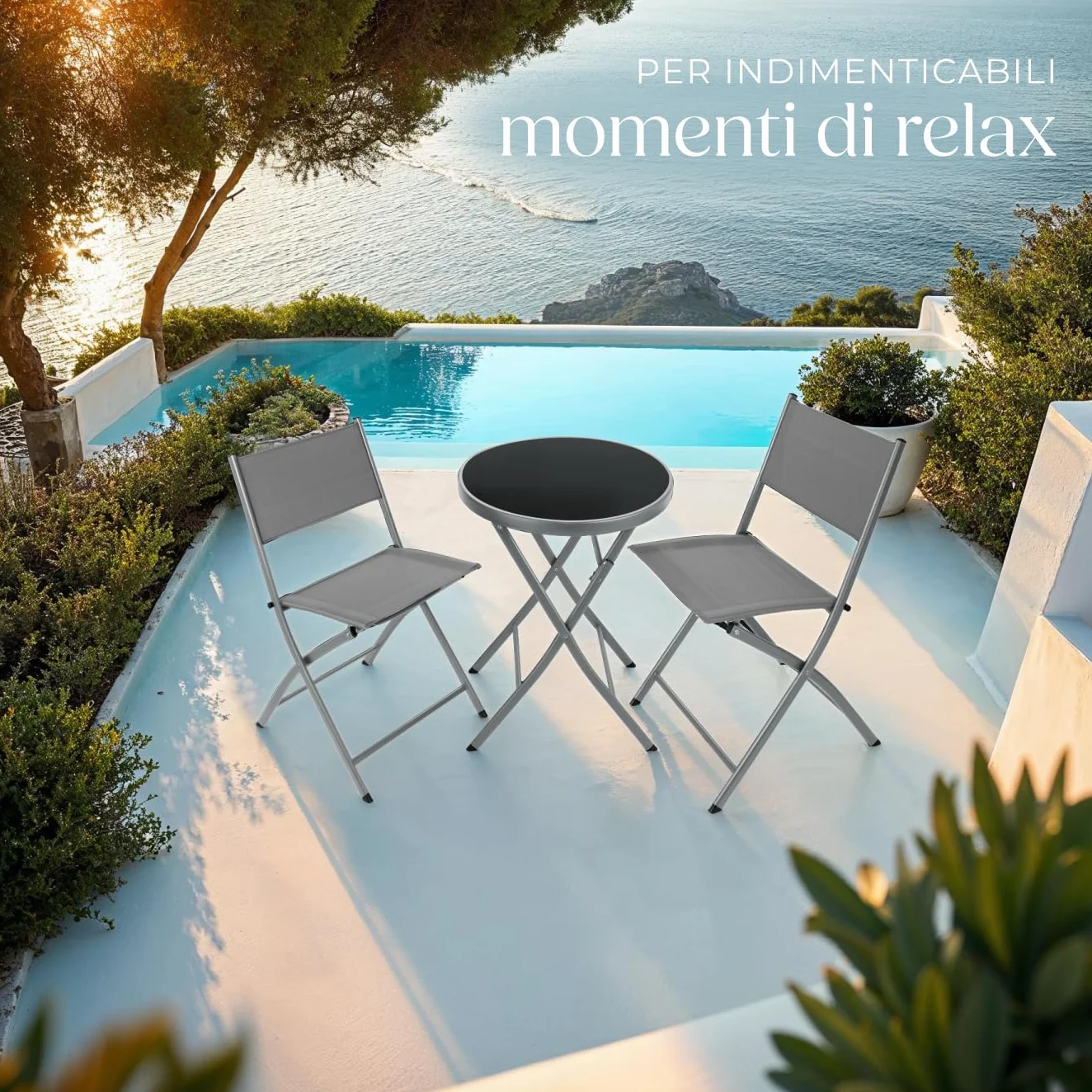 Set da Balcone Düsseldorf Tavolino Salotto con Piano in Vetro e 2 Sedie Mobili da Giardino con Telaio in Acciaio Richiudibile Trasportabile Design Moderno Grigio