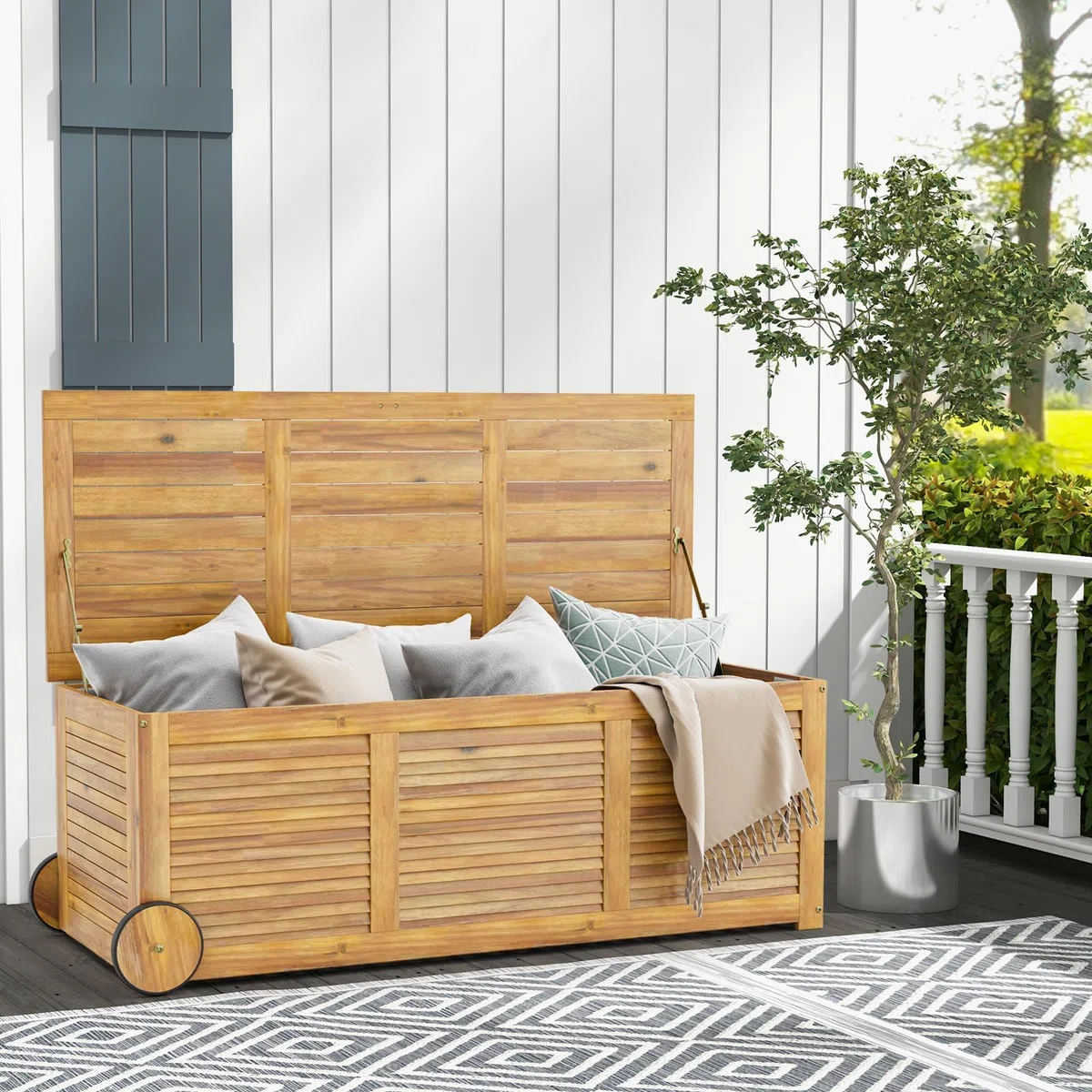 RELAX4LIFE Panca Baule182 L in Legno di Acacia con Ruote e Maniglie, Contenitore Portatutto da Interno Esterno, Cassapanca Contenitore da Interno,127x20x45cm