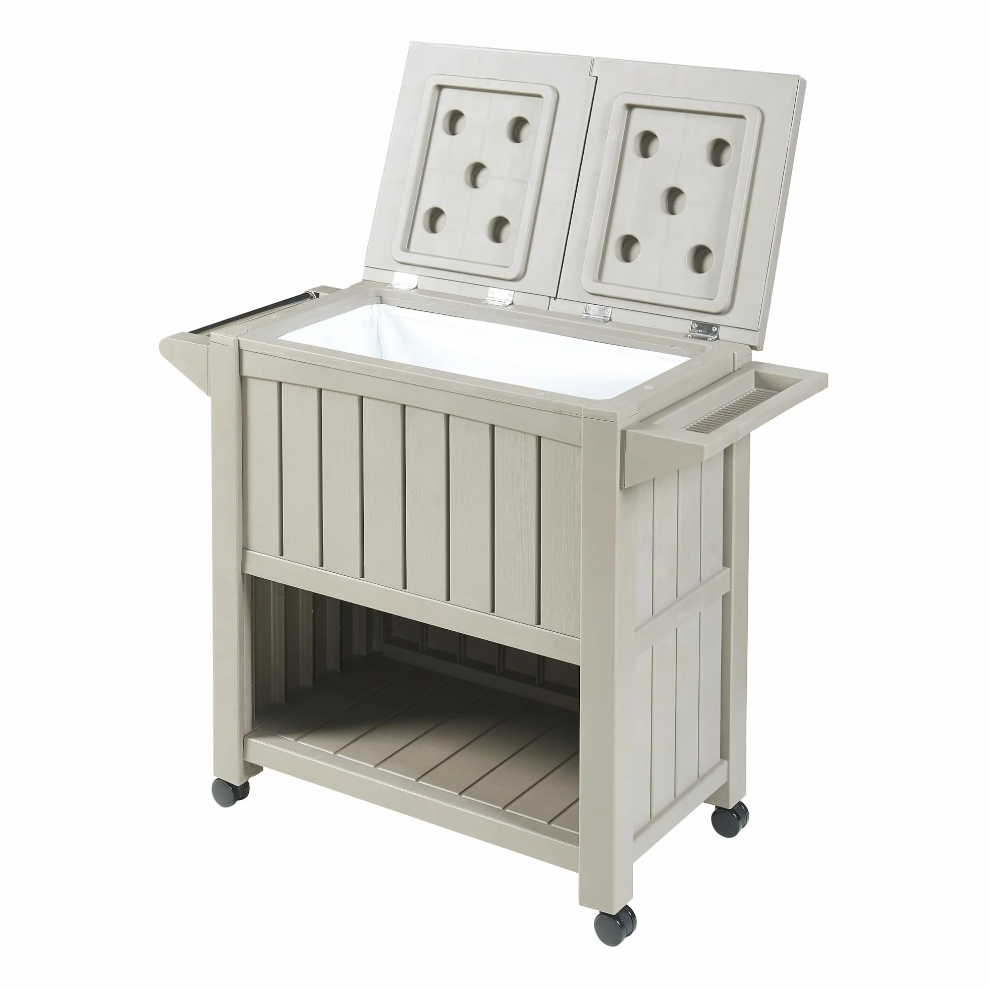 Casa.pro Carrello Portavivande Termico Giardino 80L Apertura Ribalta Apribottiglie Rotelle Bloccabili 102x47x87 cm Beige