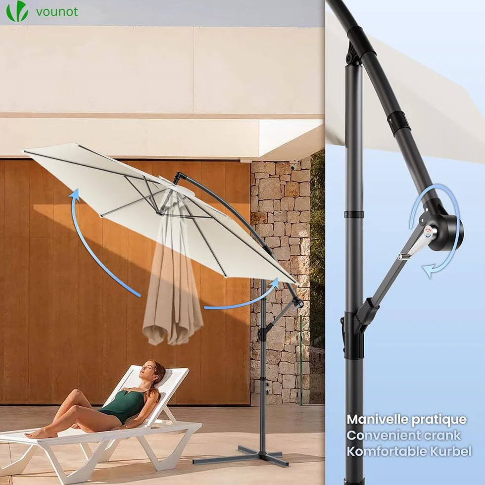 VOUNOT Ombrellone da Giardino Diametro 3M Decentrato Parasole Base a Croce Protezione UV Beige