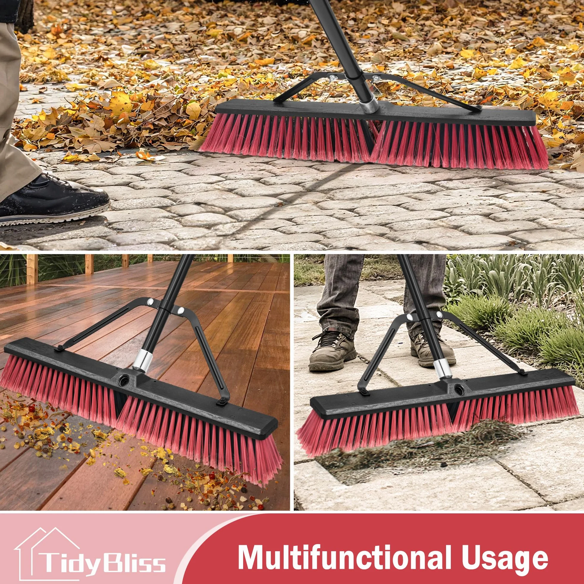 TidyBliss Scopa da Esterno Resistente da 60 cm, Spazzolone per Pavimenti Esterni con Setole Rigide e Manico Lungo 160 cm per Garage, Giardino, Cortile, Terrazza, Strada, Magazzino, Vialetto (Rosso)