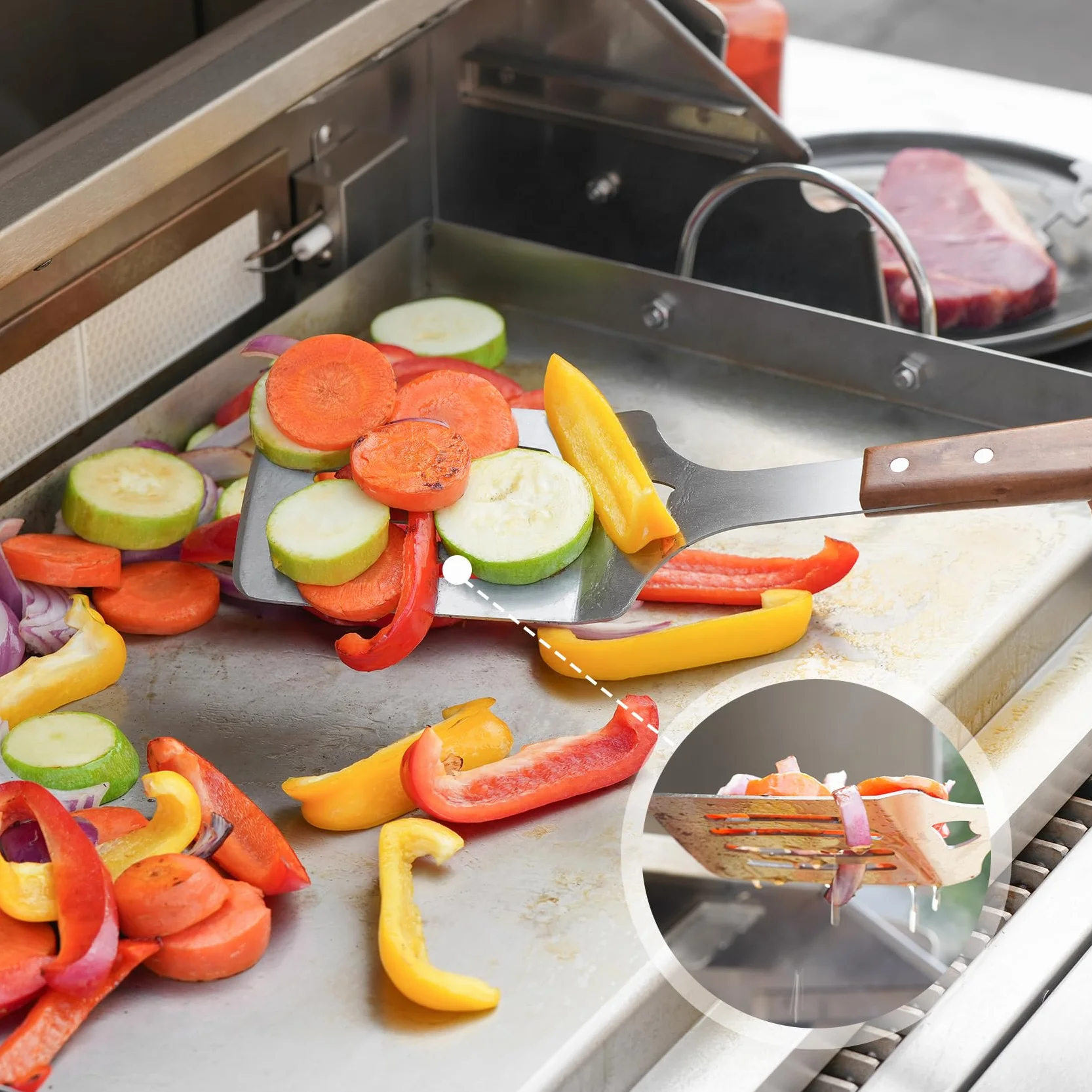 onlyfire Set di Attrezzi per Il Barbecue da 4 Pezzi, Spatola per Piastra Forata, Pinze da Cucina, Forchetta per Grill e Spazzola per Barbecue, Utensili Professionali per Grigliate e Cucina All'aperto