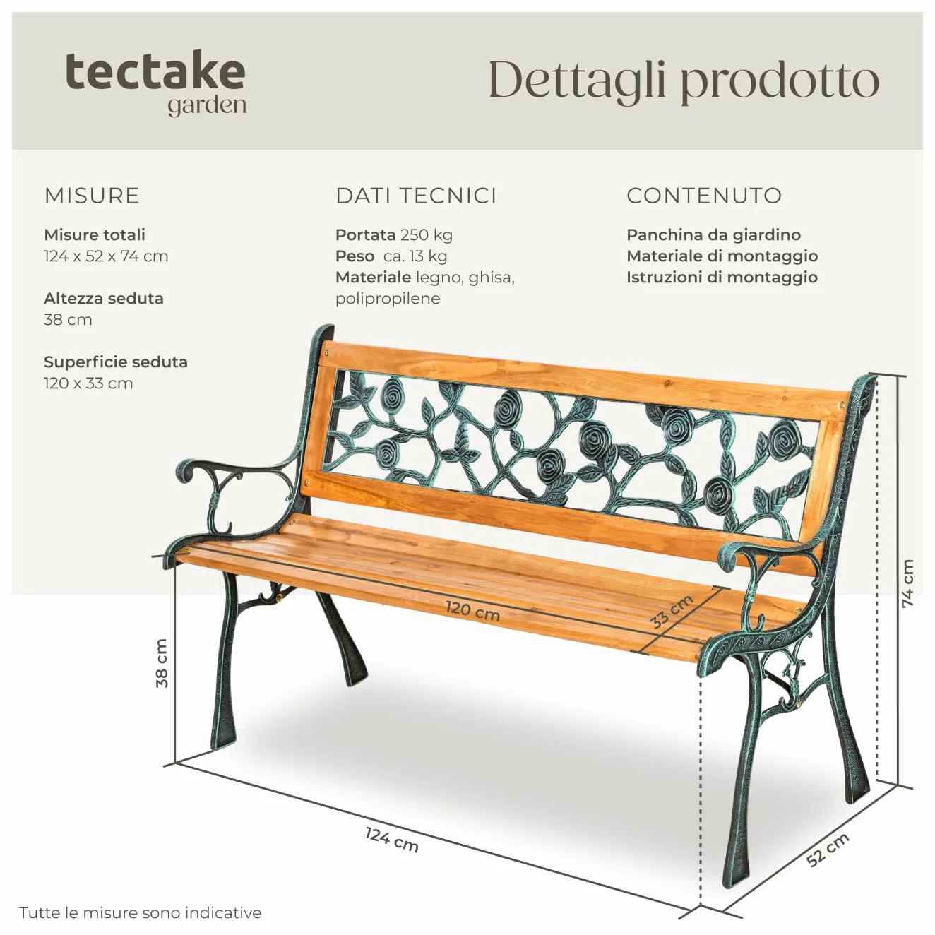 tectake Panca da Giardino in Legno e Ghisa 2 Posti con Schienale Resistente alle Intemperie 124 x 52 x 74 cm Marrone