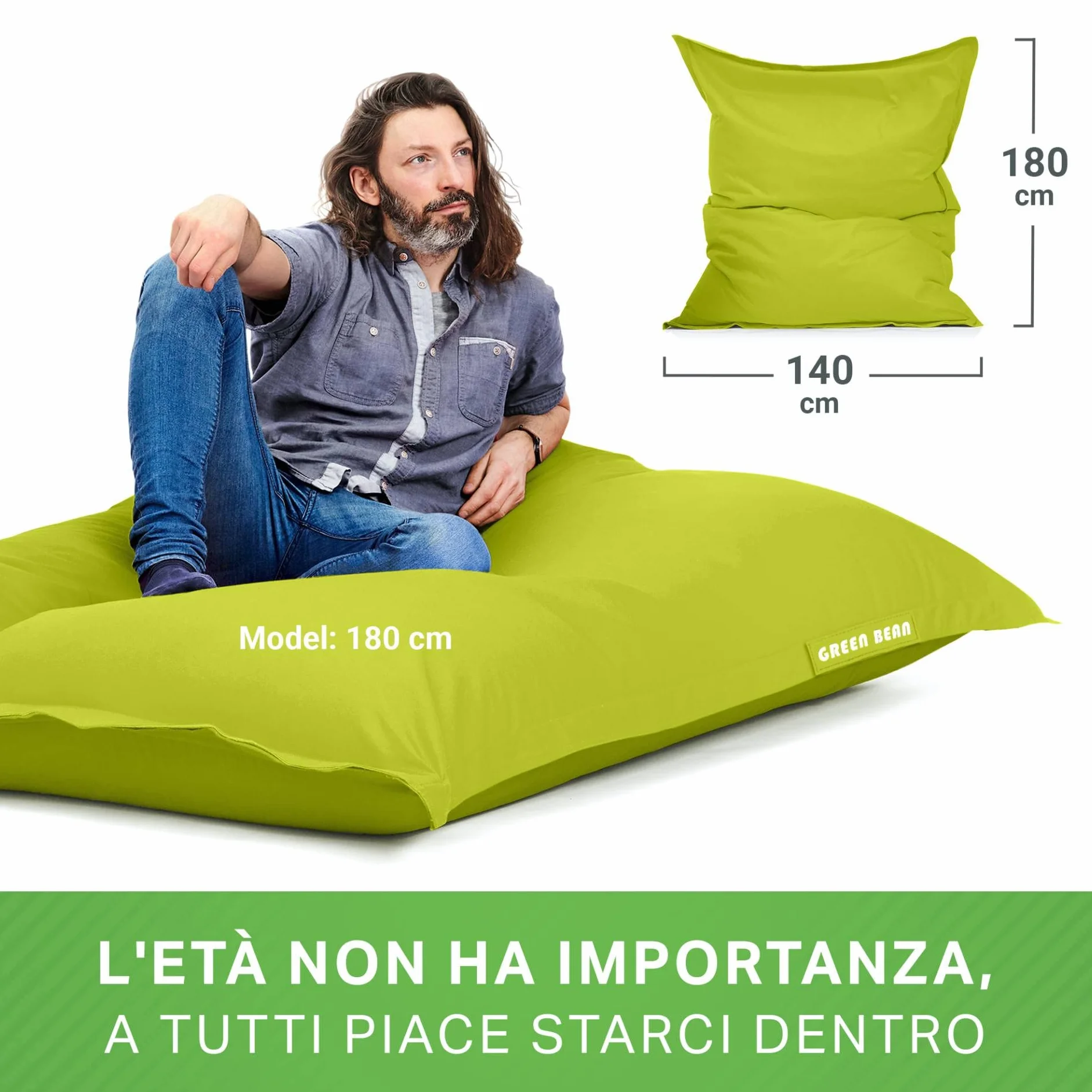 Green Bean Poltrona a sacco XXL 140x180cm 380L Bambini Adulti Imbottitura Perle EPS Impermeabile Lavabile Verde chiaro