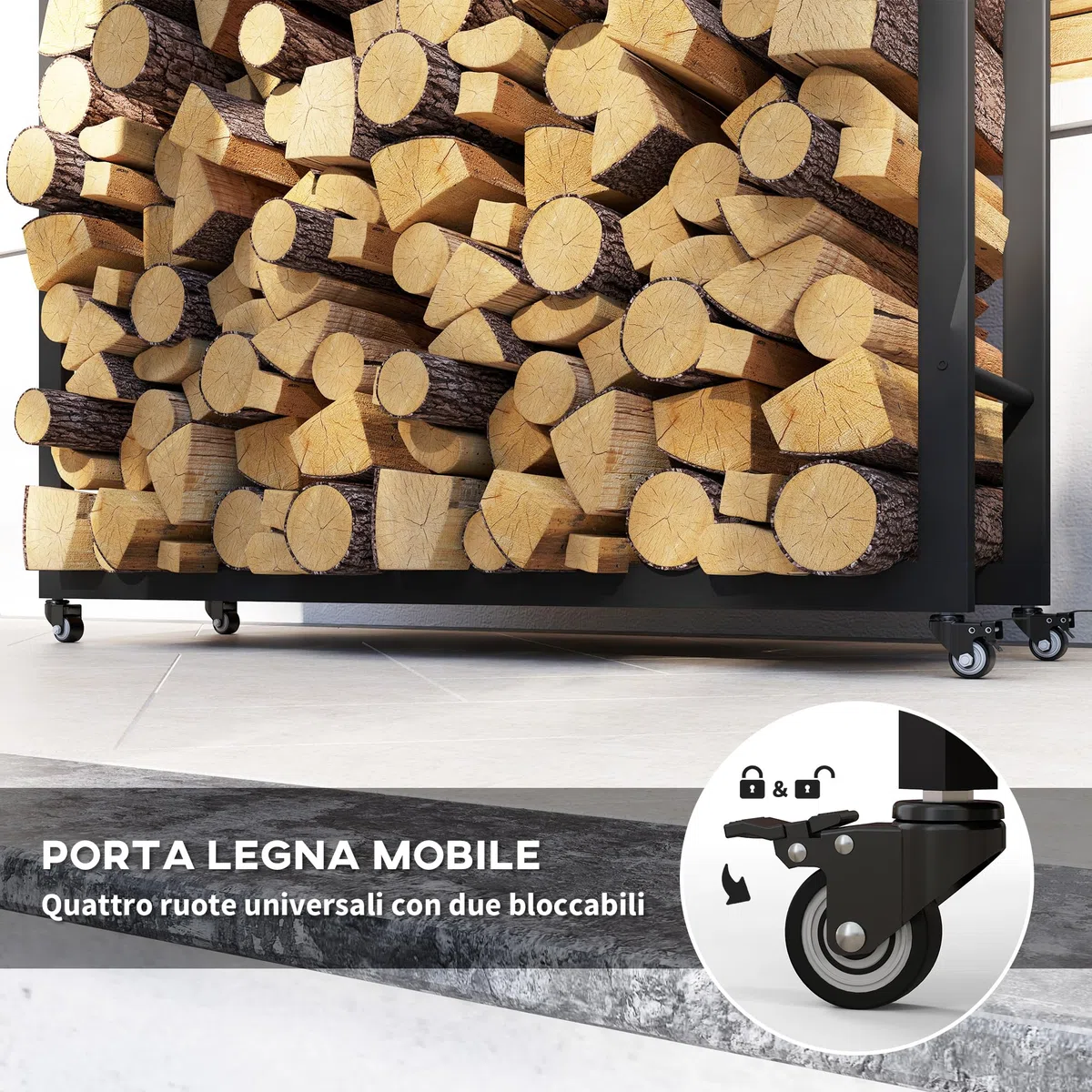 Outsunny Scaffale Portalegna da Esterno e Interno con Ruote, Legnaia in Metallo Rinforzato, 0.43m³, 120x32x151cm, Nero