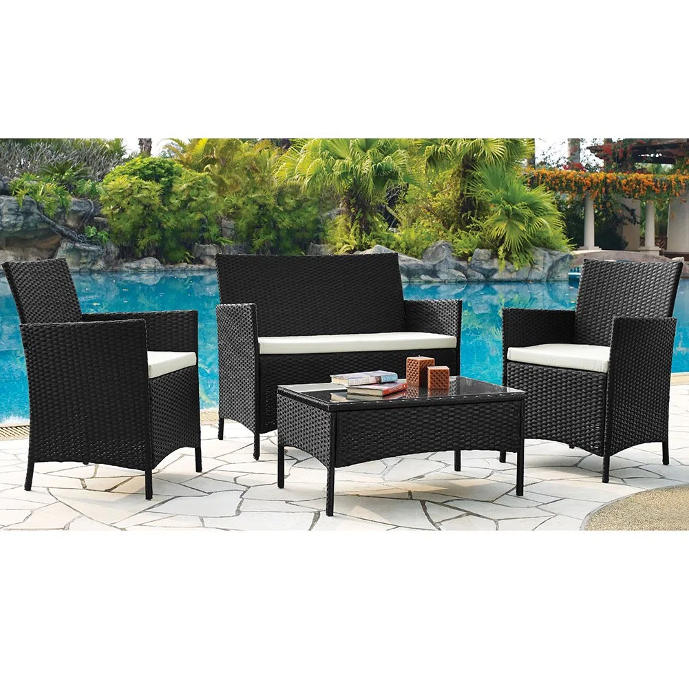 BAKAJI Set Salotto Completo di Divano 2 Poltrone e Tavolino in Vetro e Poly Rattan Struttura in Acciaio con Cuscini Sfoderabili Arredo Giardino Terrazzo Nero
