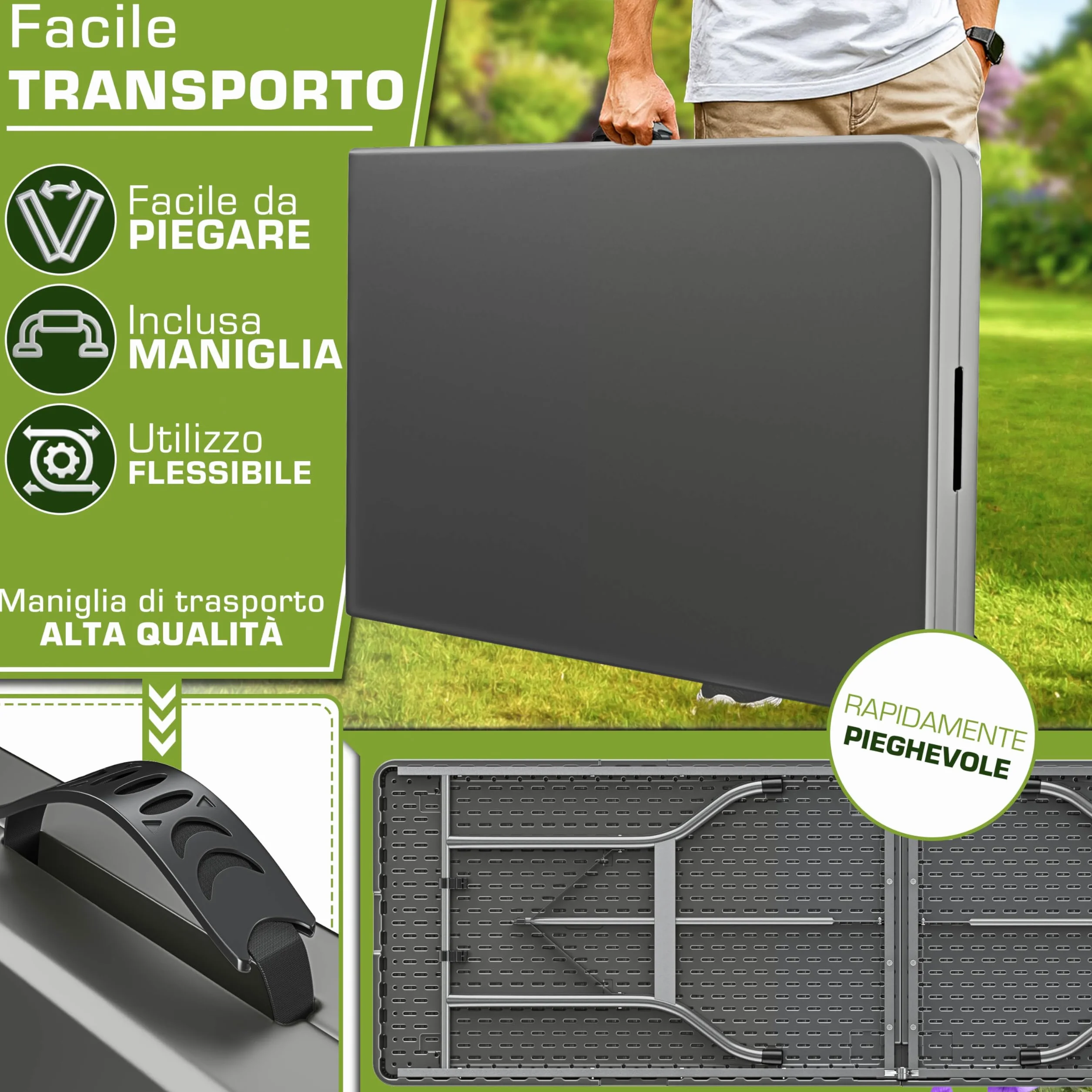 tillvex Tavolo da giardino pieghevole 180x75cm plastica