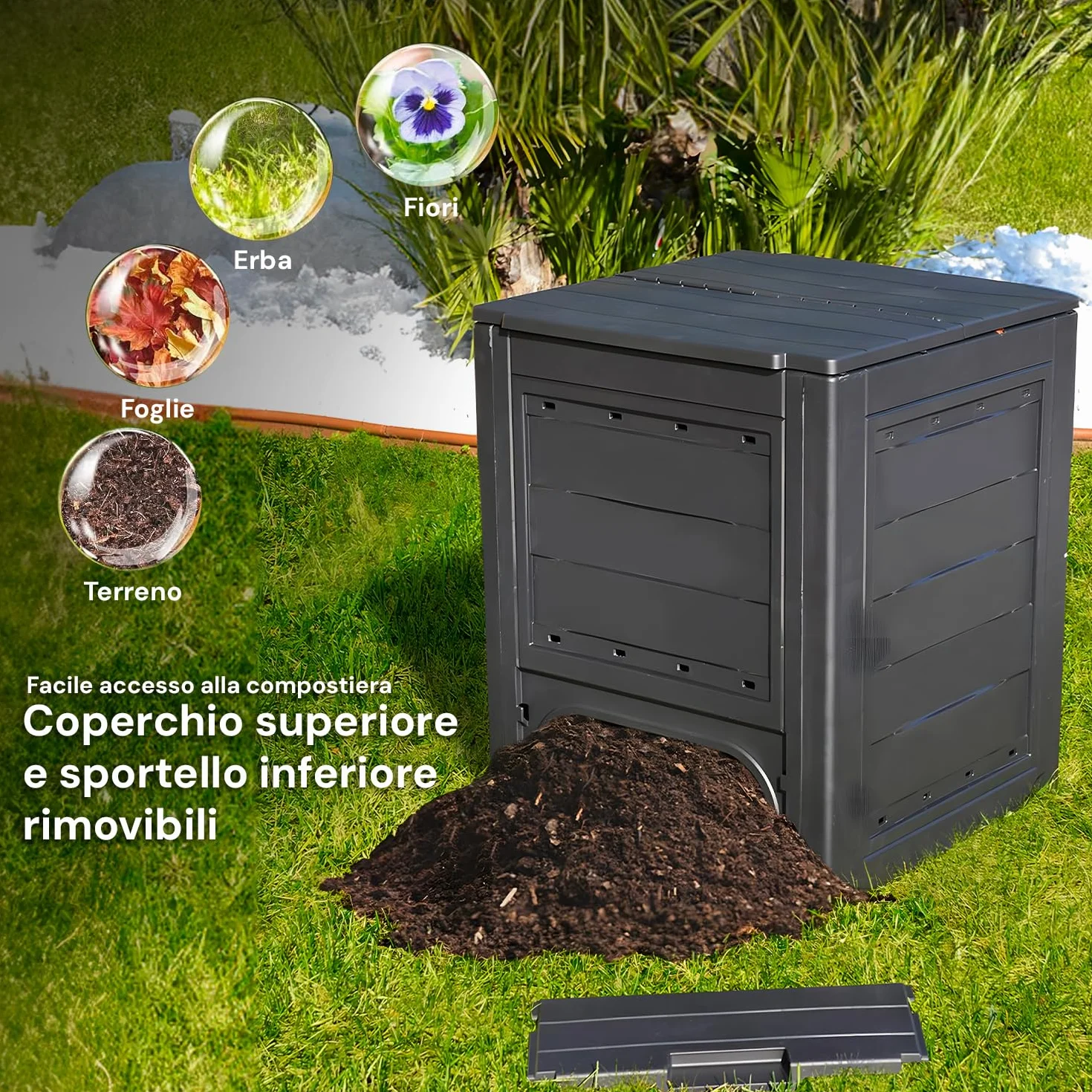 Avilia Compostiera da Giardino 260L - Contenitore per Compostaggio con Accesso Frontale, in Polipropilene, Design Compatto 60x60x73cm, Ideale per Balcone - Terrazzo - Giardino Antracite, Made in Italy