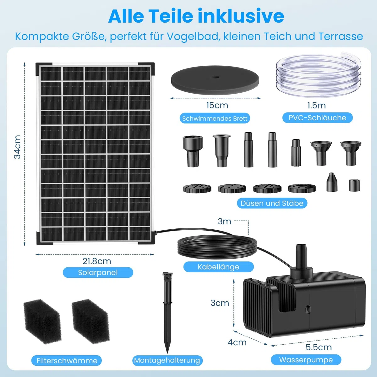 Biling Fontana solare da 12 W, per esterni, con batteria da 5000 mAh, silenziosa 300 l/h, pompa per laghetto solare con 8 ugelli con tubo, fontana solare per esterni, piccoli laghetti da giardino fino