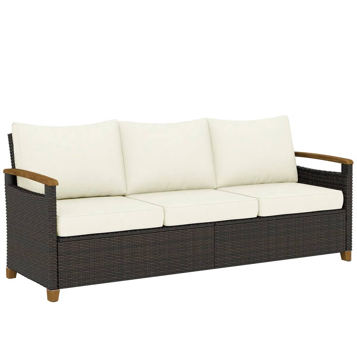 Outsunny Divanetto da Esterno a 3 Posti in Rattan PE, Divano da Giardino con Braccioli Effetto Legno, Cuscini Lavabili, Struttura in Acciaio, per Terrazzo, Patio e Balcone, Veranda, Marrone e Crema