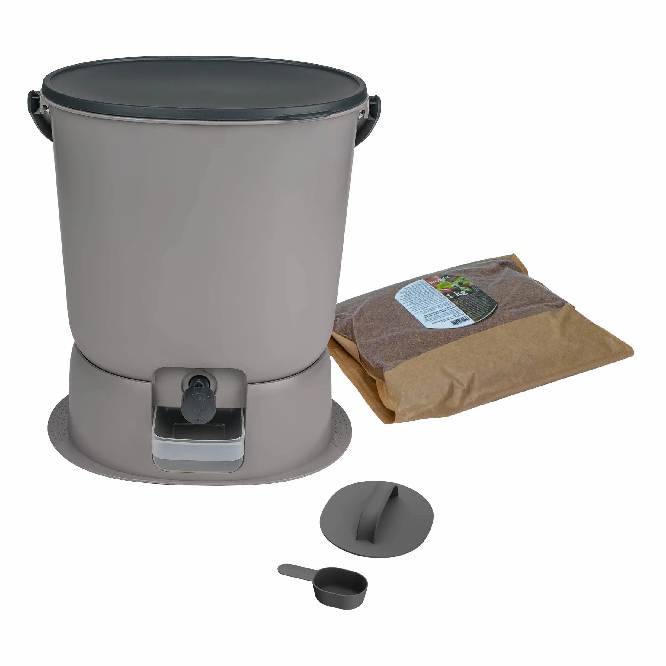 Skaza Bokashi Essential - Pattumiera biologica da cucina (15,3 litri) + base – Secchio per compost cucina e giardino in plastica riciclata – Starter Set + incl. 1 kg di avviamento per fermentazione