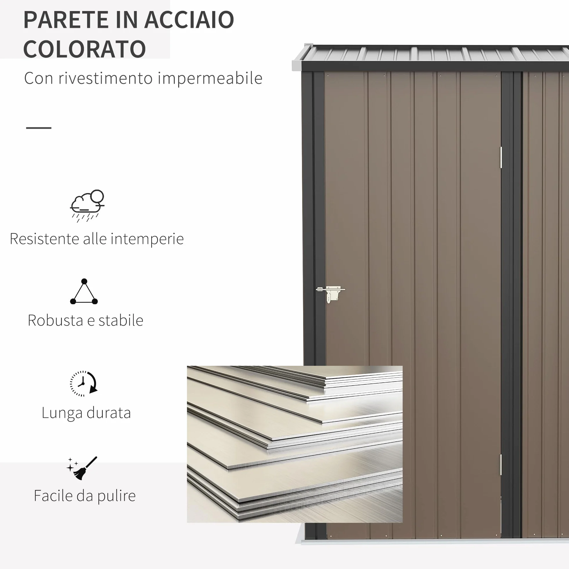 Outsunny Casetta da Giardino 1.34m² Acciaio Zincato Capanno Porta Attrezzi 161.5x94.5x196cm Marrone