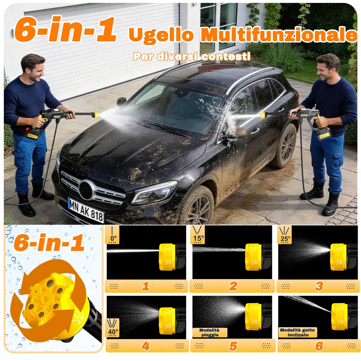 Idropulitrice a Batteria Portatile Professionale 5M Tubo Ugello 6 in 1 per Giardino Auto