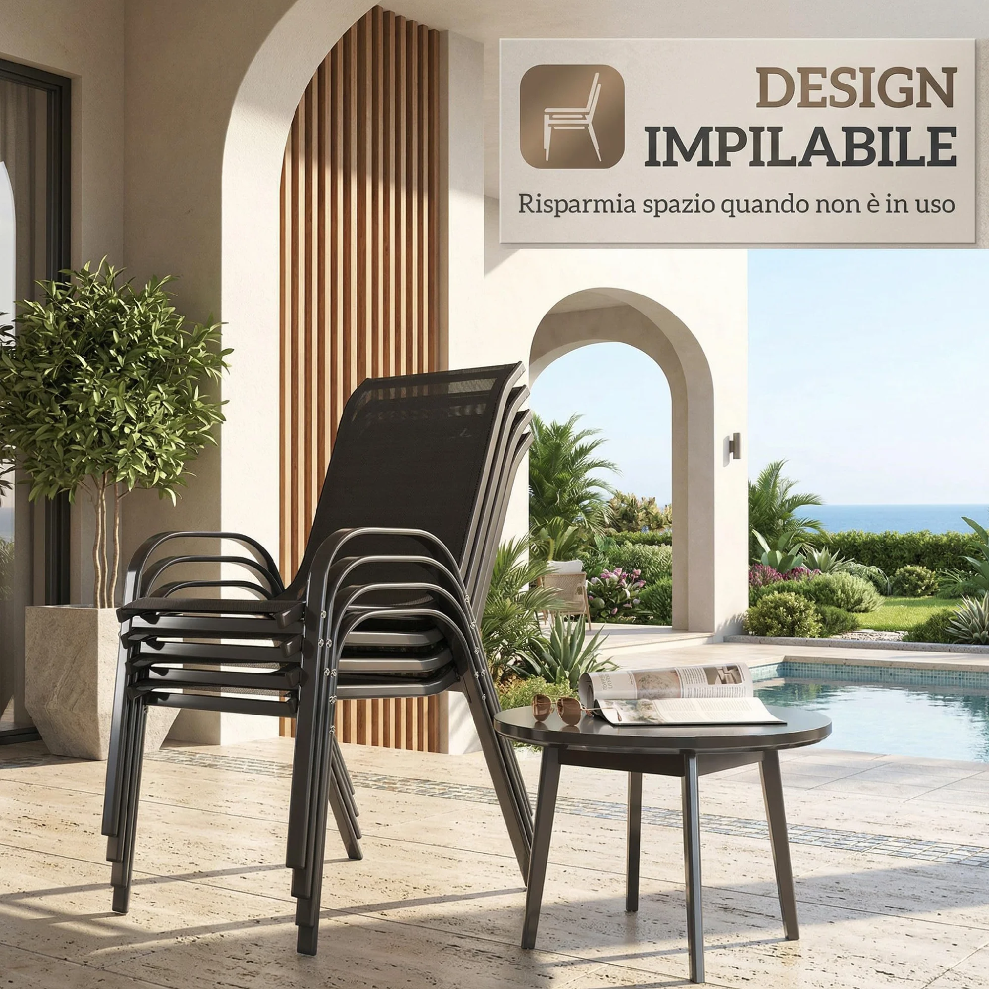 Outsunny Set 4 Sedie da Giardino Impilabili con Braccioli, Acciaio e Texteline, 54x71x93 cm Nero