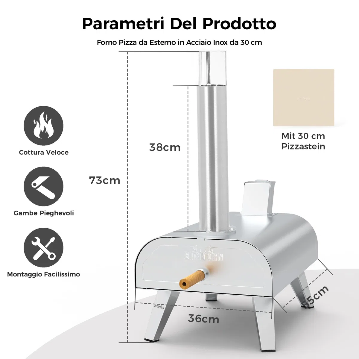 BIG HORN OUTDOORS Forno a Pellet per Pizza 12 Pollici, Portatile con Pietra Refrattaria, Acciaio Inox
