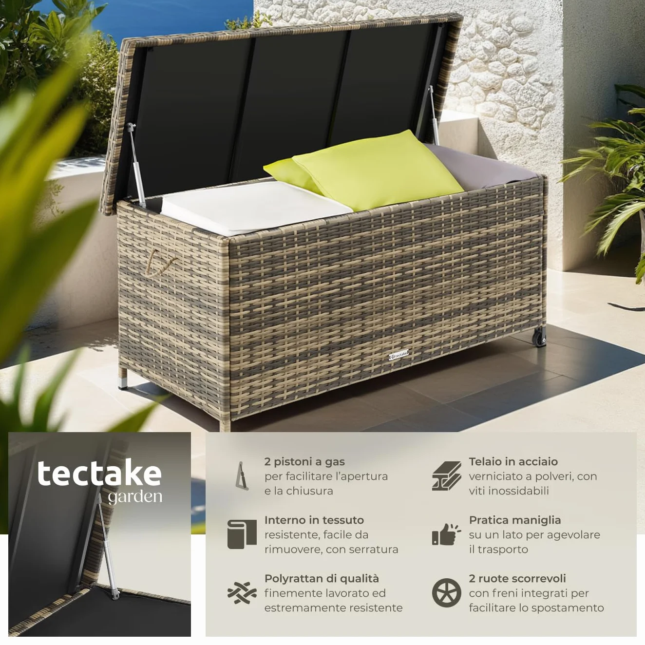 tectake Box Contenitore da Esterno Acciaio Polyrattan 120x55x61,5cm 270 L