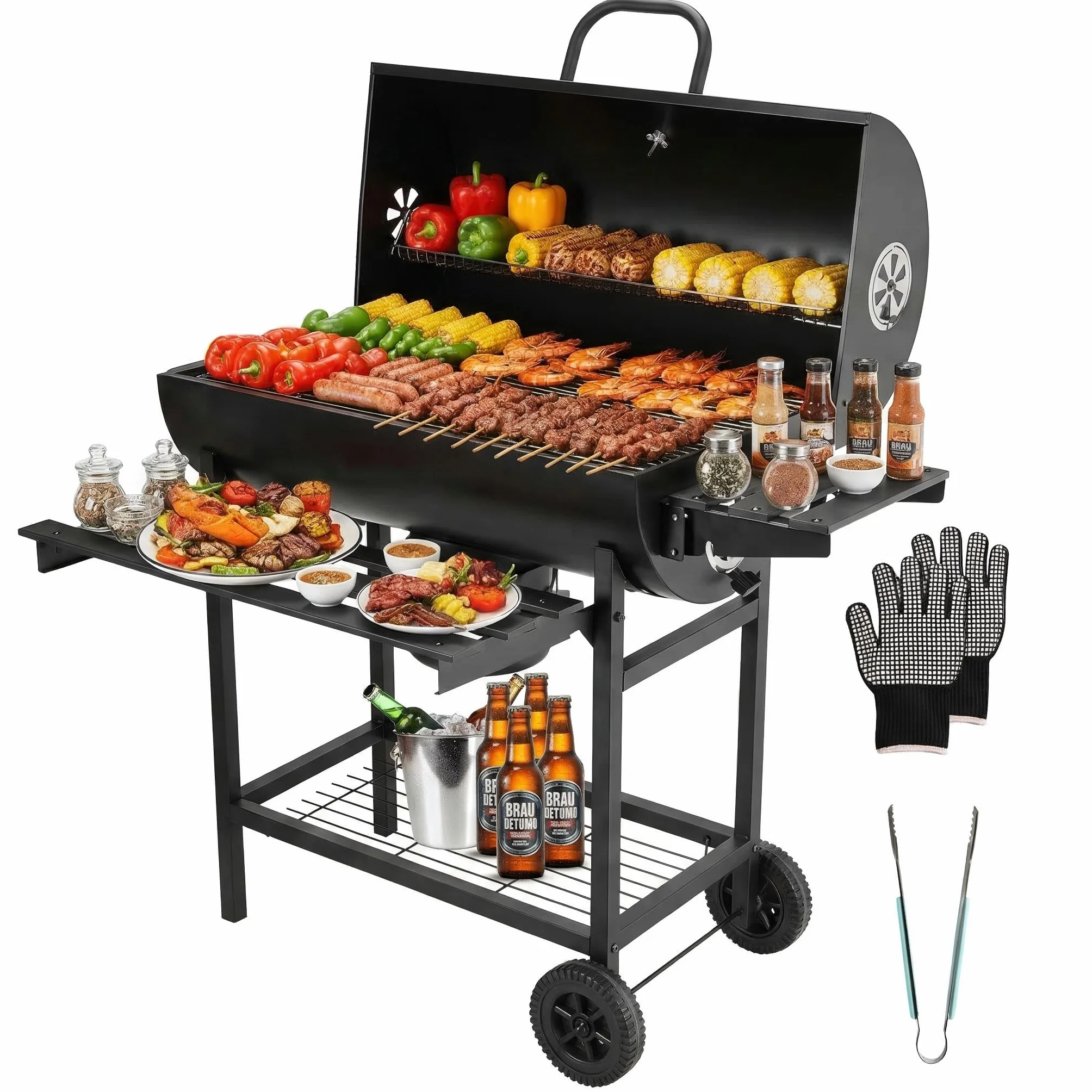 DEWINNER Barbecue a Carbonella con Griglia,girarrosto per pollo rimovibile,guanti antiscottatura e pinza in omaggio,ideale per giardino/terrazza/campeggio (Modello base)