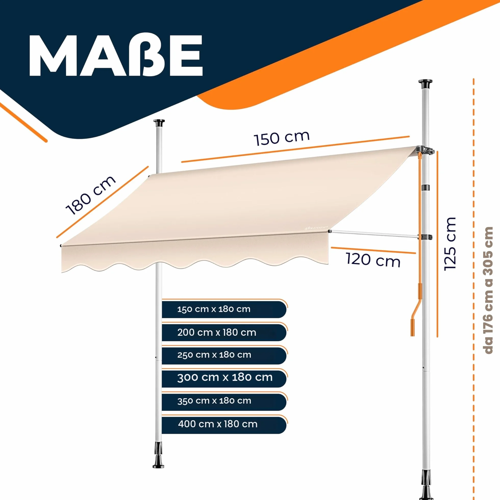 KESSER® Tenda da Sole a Morsetto con Manovella per Balcone, Regolabile in Altezza, Idrorepellente, Protezione Solare, Beige, 350cm