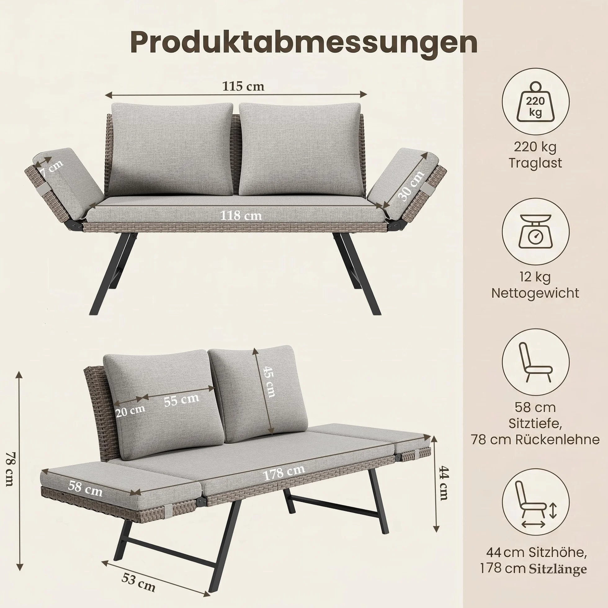 Fiutazge Divano Esterno in Polyrattan con Braccioli Regolabili,Divano Letto Convertibile 2 Posti con Cuscini Morbidi,Panchina da Esterno per Giardino, Balcone, Terrazzo e Portico-Beige