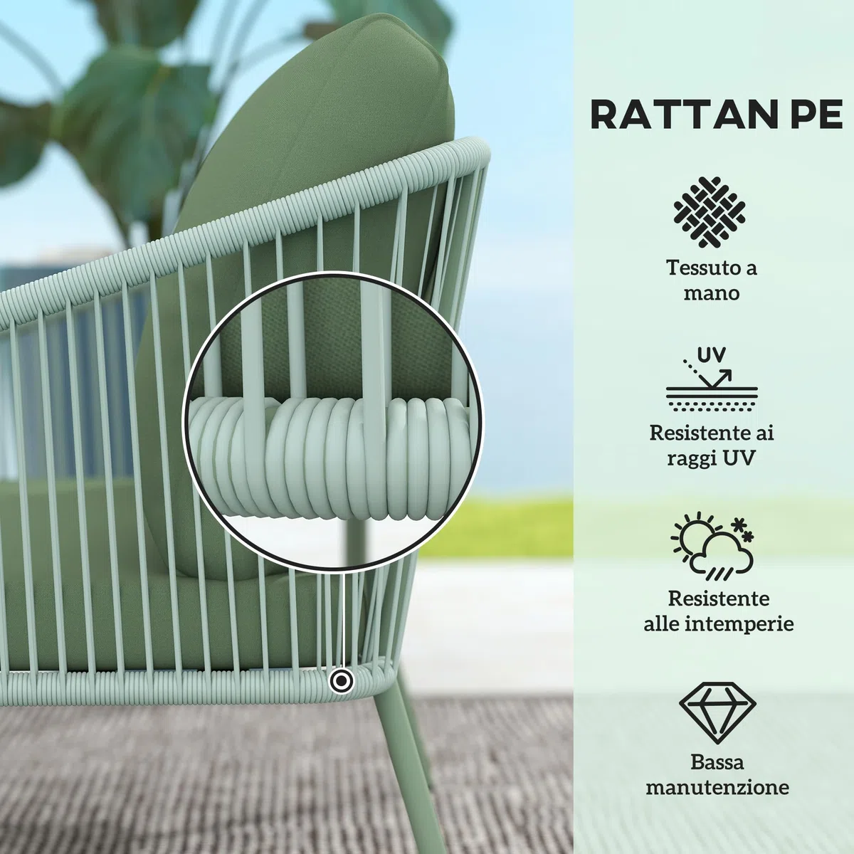 Outsunny Divano da Giardino 2 Posti in Rattan PE, Divanetto da Esterno in Stile Boho con Cuscini Sfoderabili, Braccioli e Telaio in Acciaio, Divano da Esterno, per Terrazza e Cortile, Verde