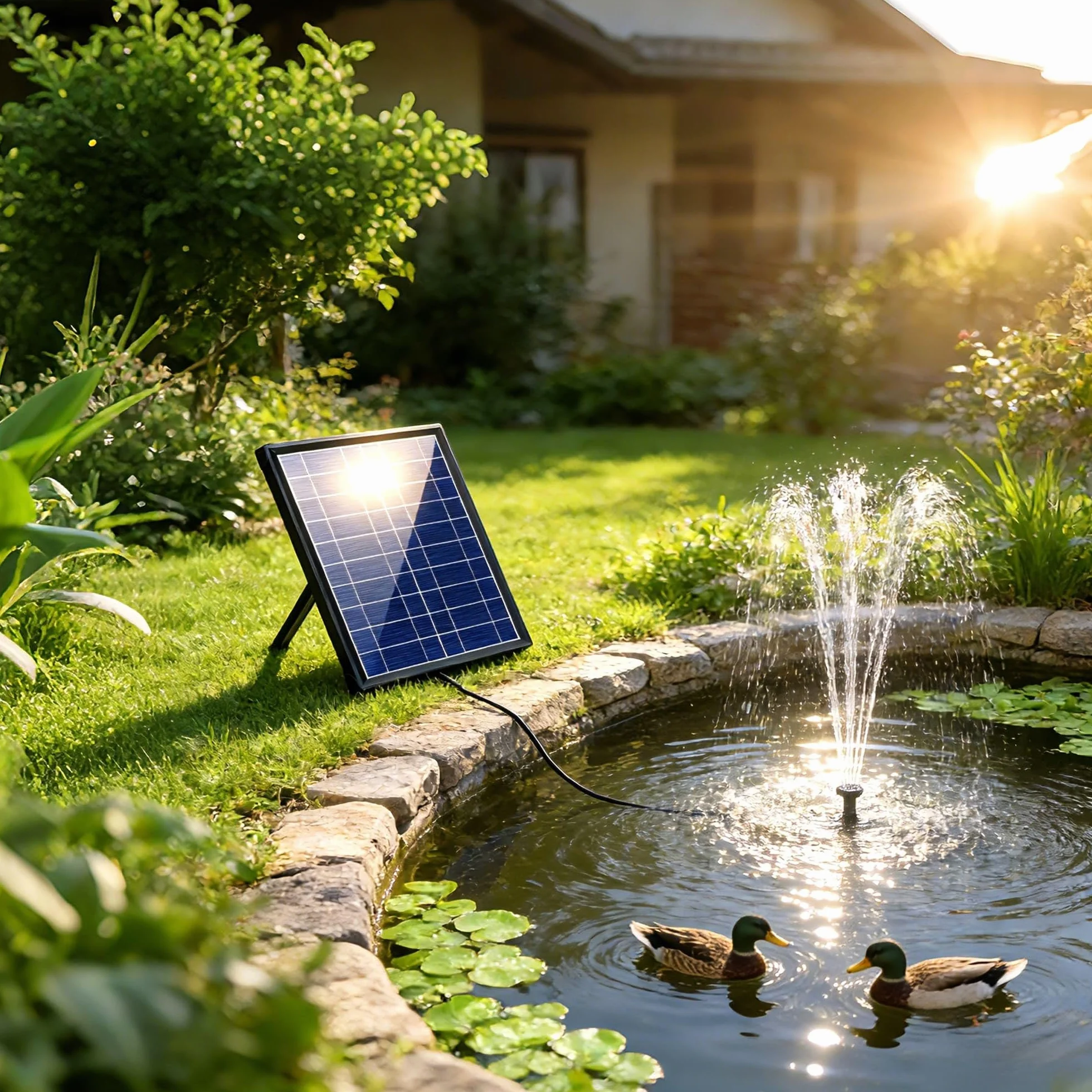 Pompa solare per laghetto Biling da 7,5 W con filtro, 300 l/h con tubo flessibile da 1,5 m, cavo da 3 m, 10 ugelli per laghetto da giardino fai da te, vasca per uccelli, fontana solare, gioco d'acqua