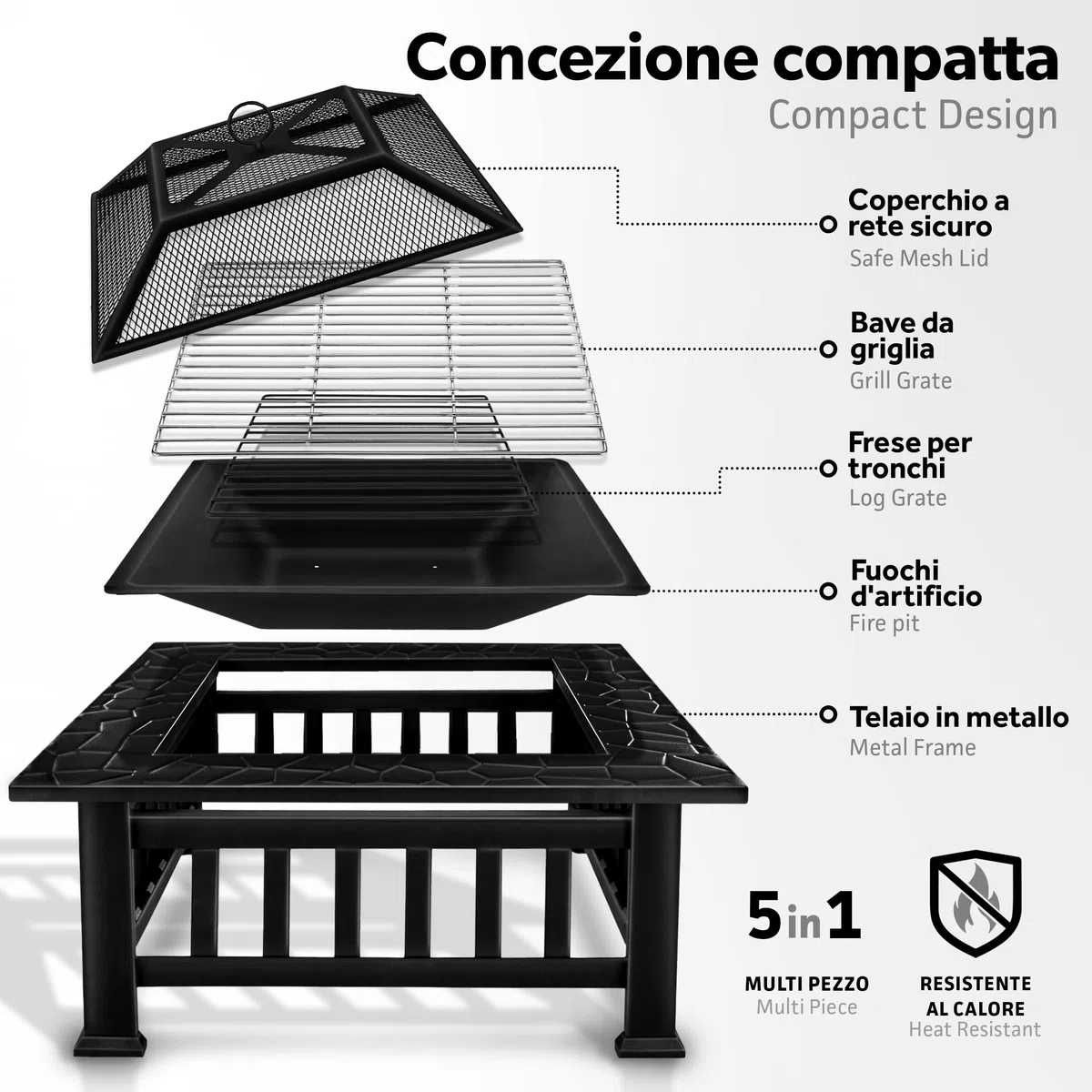 tillvex Braciere con Parascintille e Griglia | Braciere Esterno per il Giardino | 3 in 1 BBQ Grill con Coperchio, Attizzatoio, Pinze e Griglia a Carbone