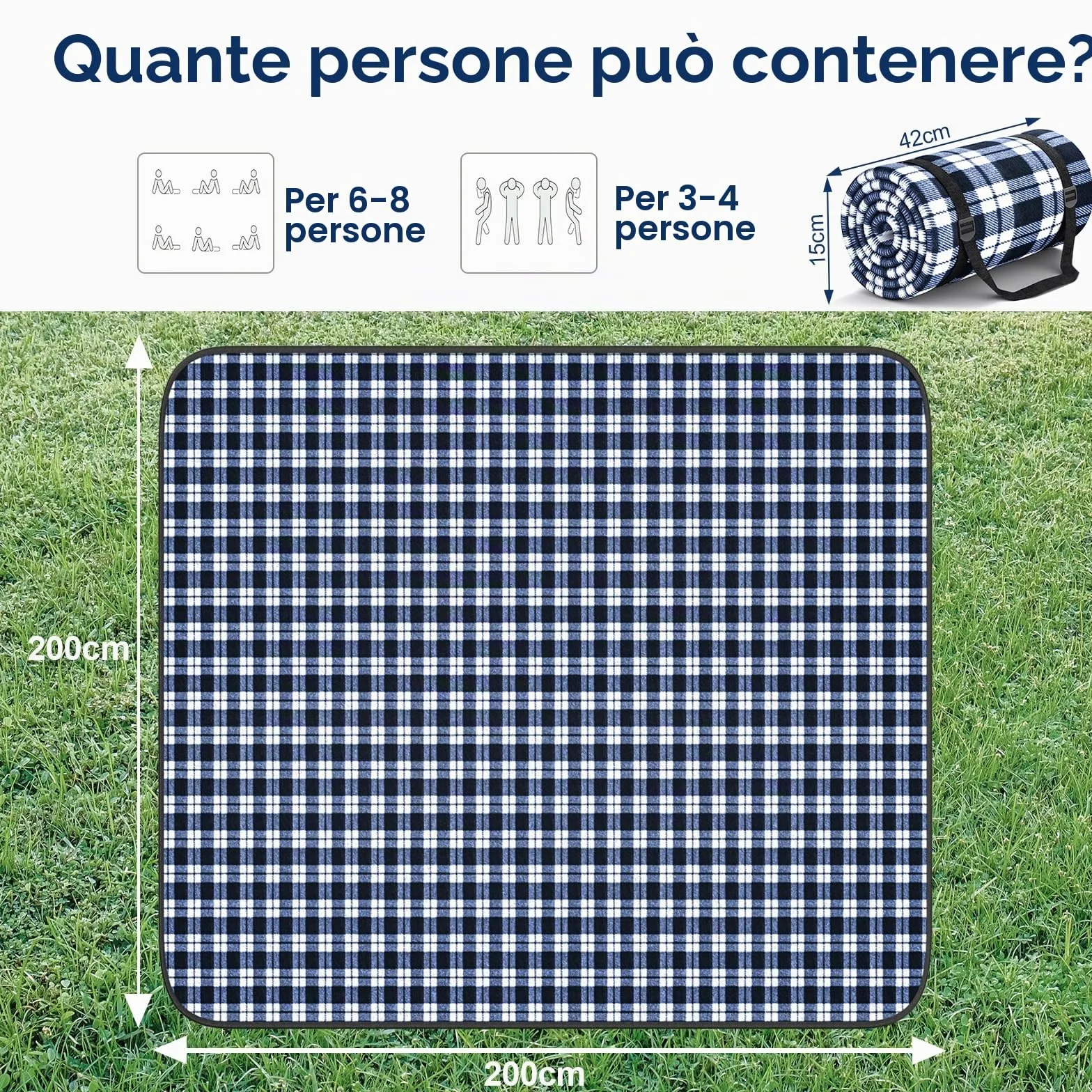 Coperta da Picnic Impermeabile Antisabbia 200x200cm Portatile Pieghevole con Tracolla
