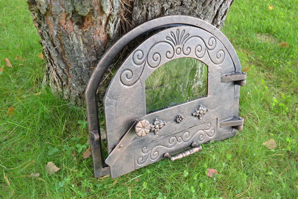Porta per forno in ghisa 52,5x3,50x43,50 cm con vetro rame SEZAM