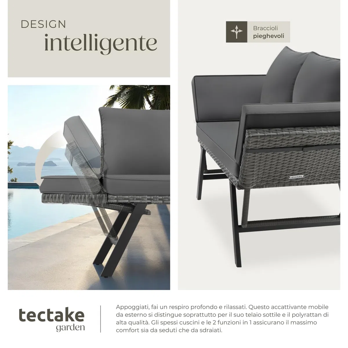 tectake® Divano Lounge in Rattan, 2 in 1, Braccioli Pieghevoli, Cuscini Morbidi, Imbottitura Spessa, Sofà in Polyrattan Resistente, Fodere Idrorepellenti, Arredamento Esterno e Interno - Grigio