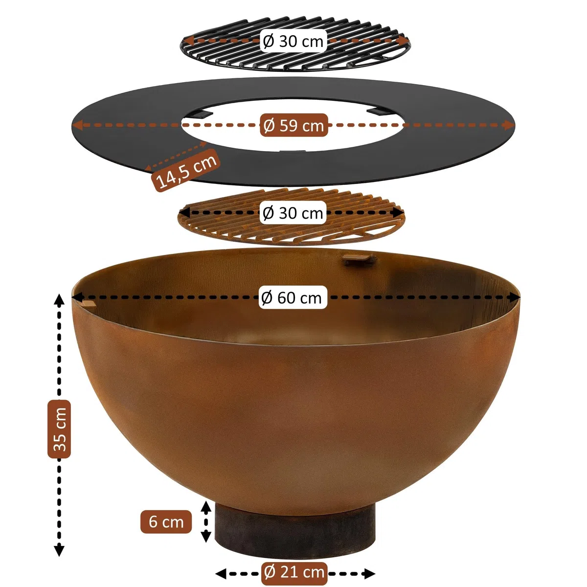 BBQ-Toro Braciere con barbecue, Ø 60 cm, effetto ruggine, braciere per giardino, giardino Fire Pit, Fire Bowl