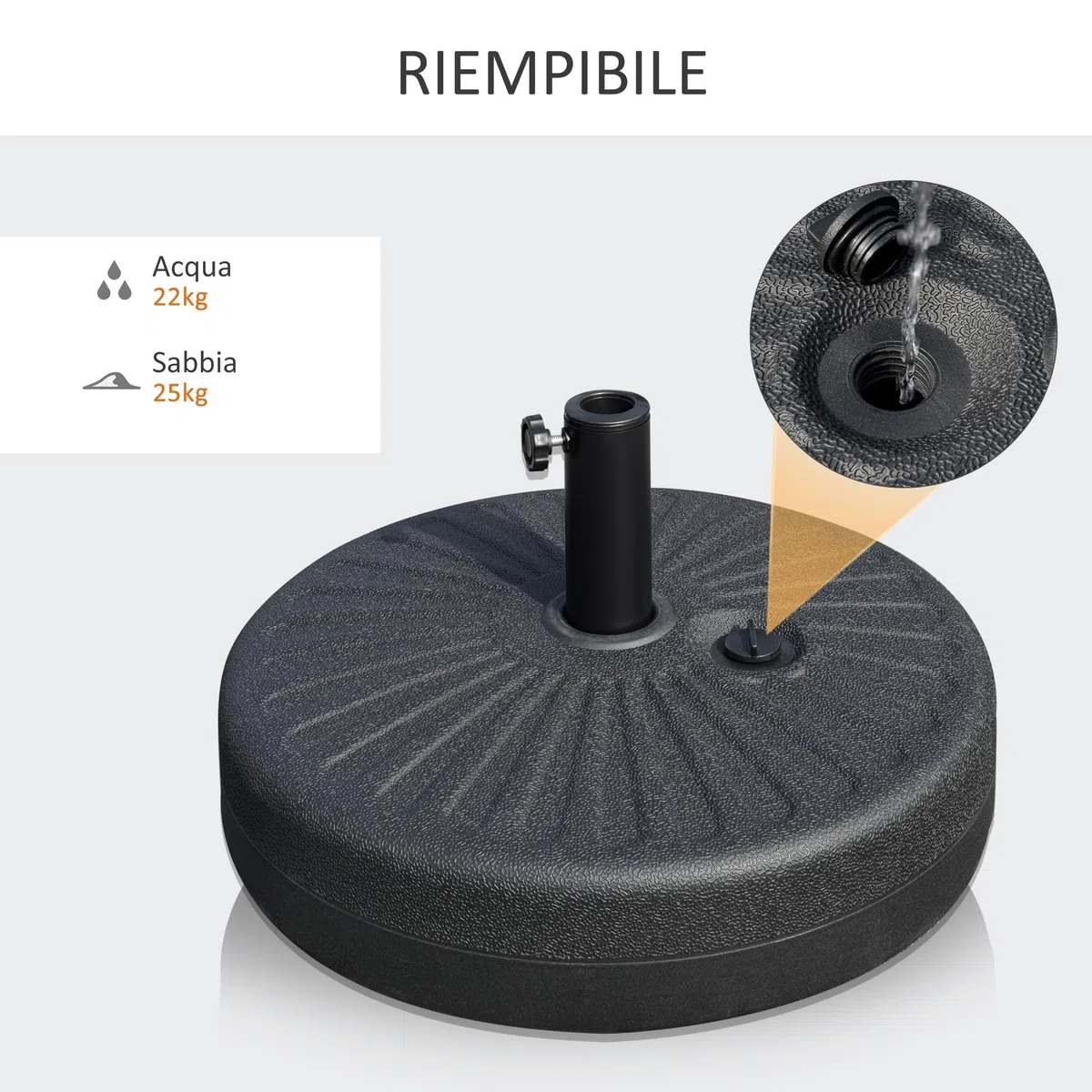 Outsunny Base per Ombrellone da Giardino con Palo Centrale Φ3.8cm e 4.8cm, Basamento per Ombrellone Riempibile con Acqua o Sabbia, Nero