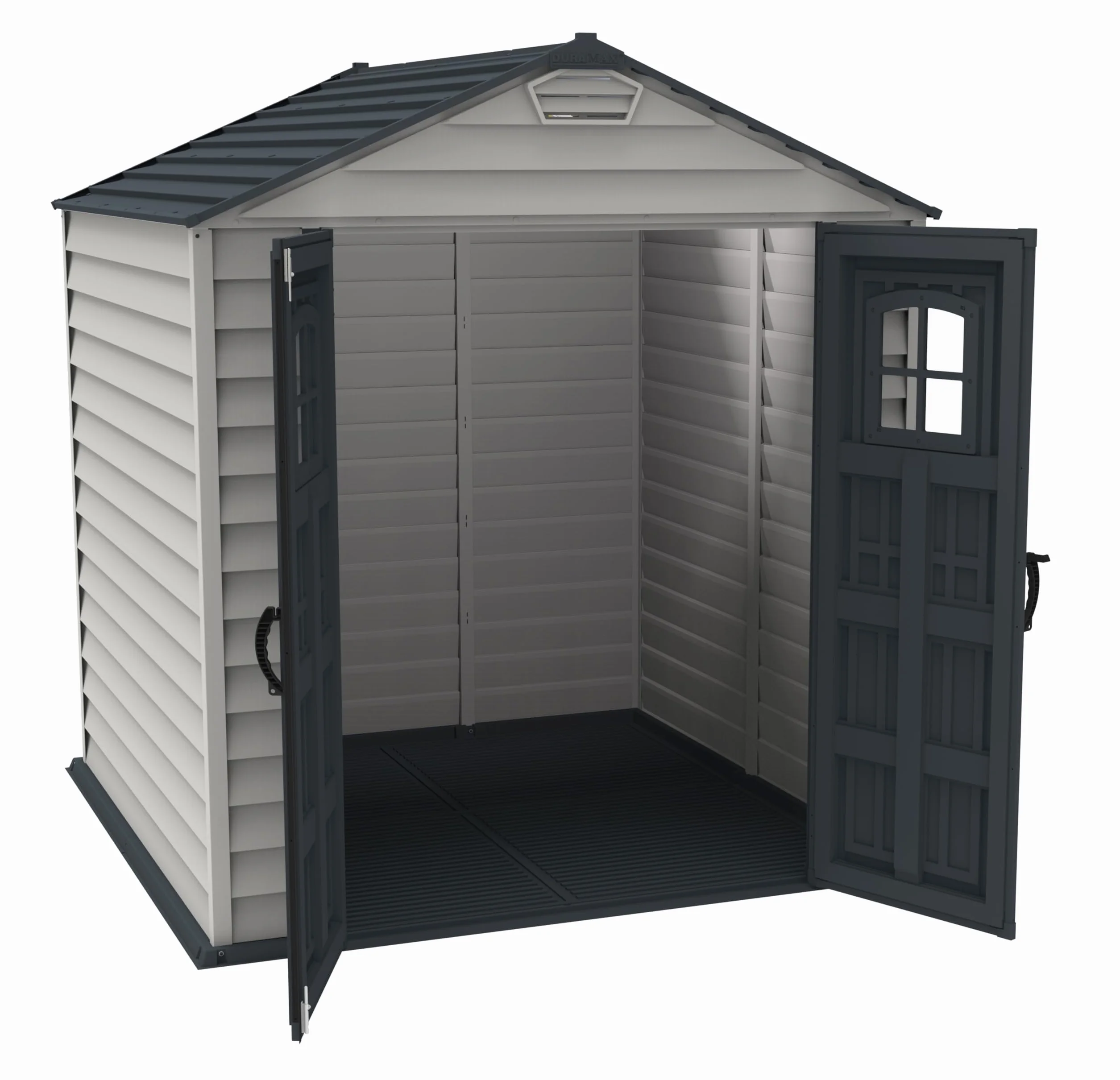 Duramax StoreMax Capanno da giardino in plastica, 7 x 7, con pavimento, e finestra fissa su porte, struttura in metallo resistente ignifugo e senza manutenzione, Grigio scuro/Adobe