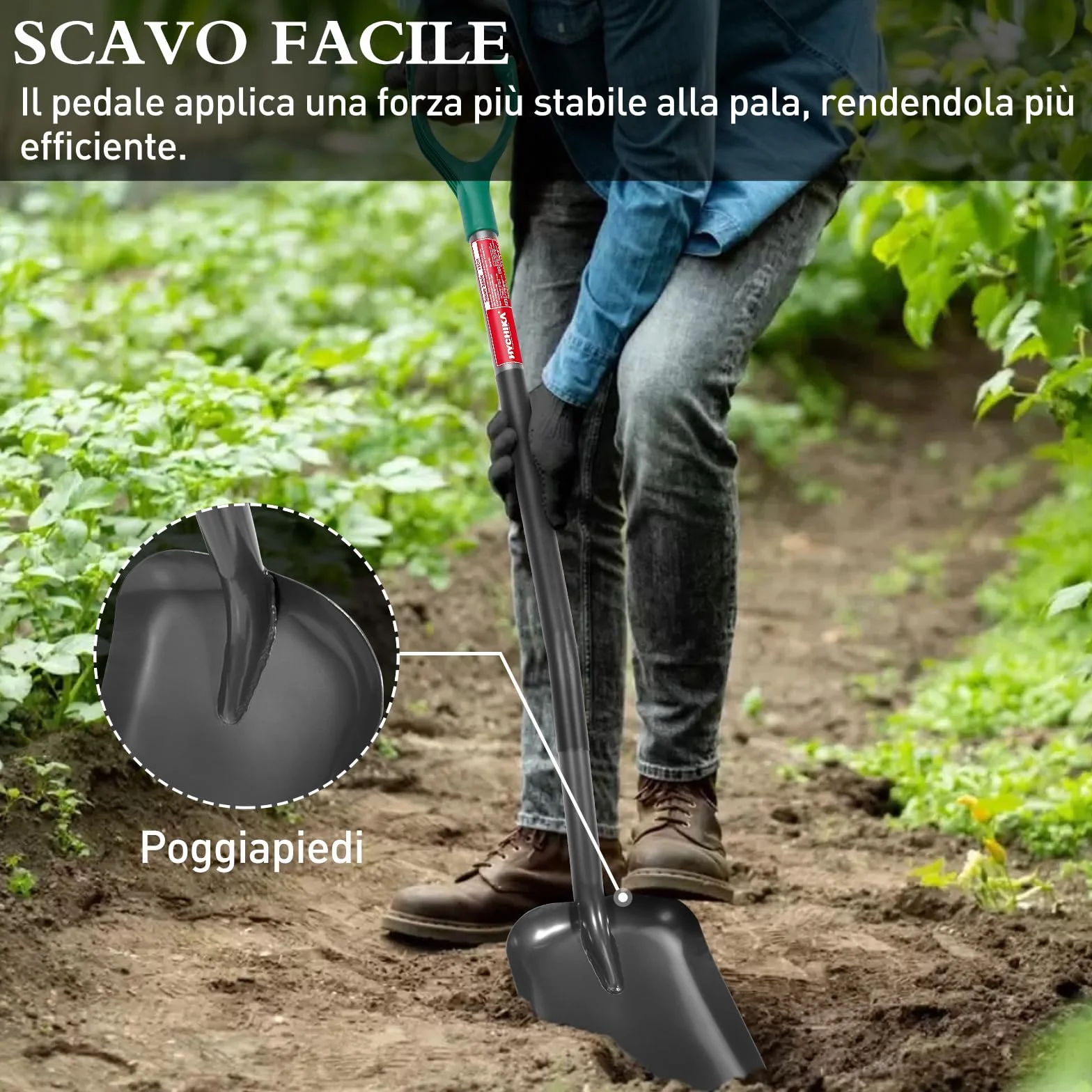 HYCHIKA Pala da Giardino Piazza, Vanga da Giardinaggi, Pala da Scavo, Acciaio Temprato di Alta Qualità, Manico Ergonomico Impugnatura a D, per Piante, Agricola, Diserbo, Spalatura Neve