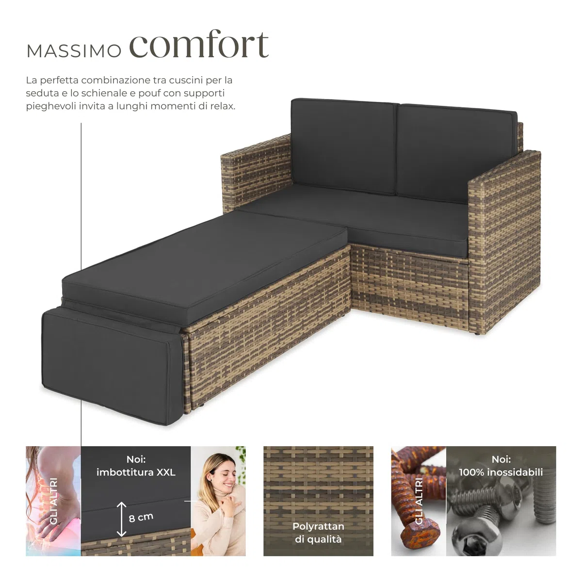 tectake® Divano Lounge in Rattan Corfù, Componibile, Pouf con Sostegno Pieghevole, Cuscini Spessi, Telaio in Acciaio Verniciato, Alta Qualità, Comfort Superiore - Naturale