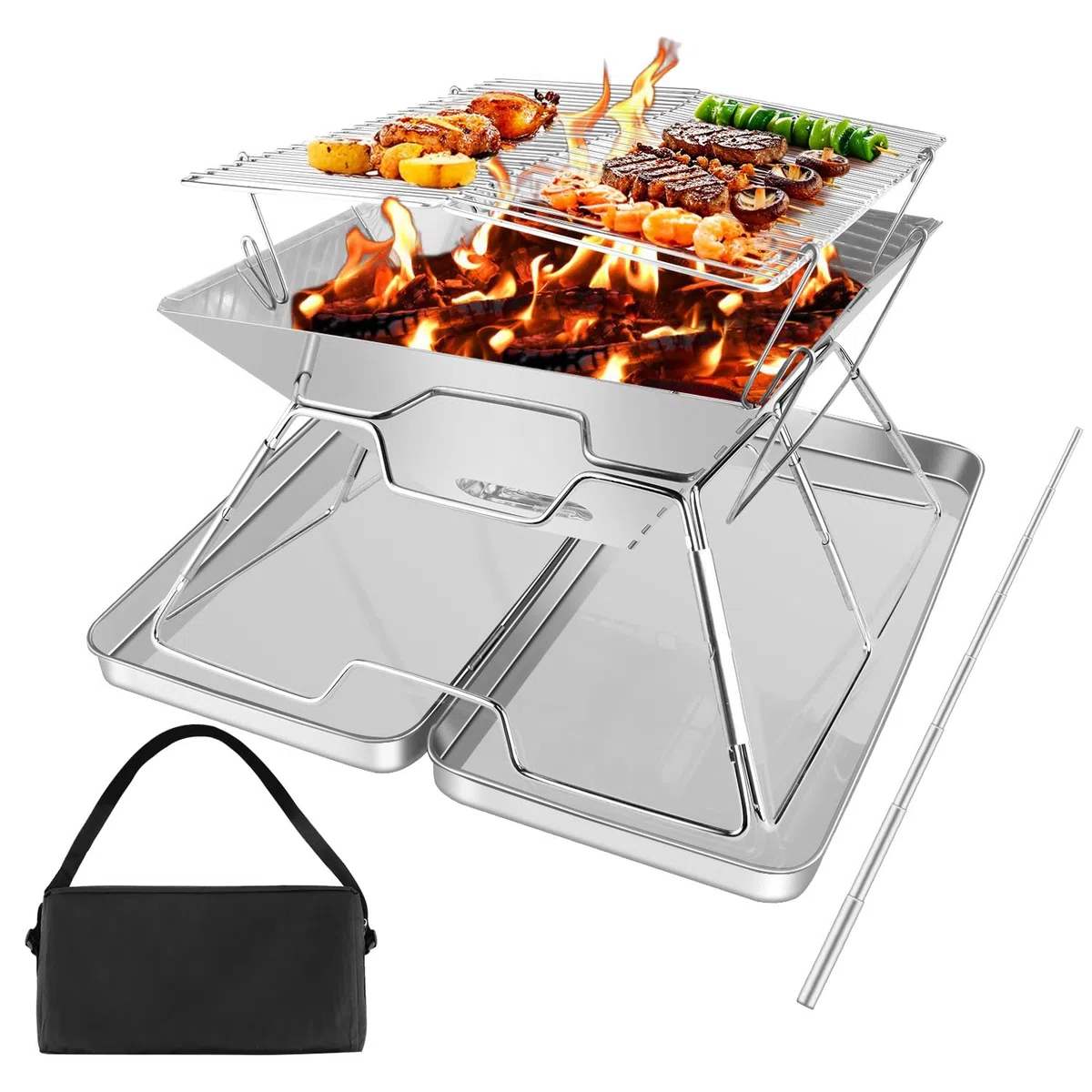 Braciere pieghevole portatile con braciere, set da campeggio pieghevole con scatola di ferro e borsa per il trasporto, griglia pieghevole in acciaio inox per barbecue, picnic, patio