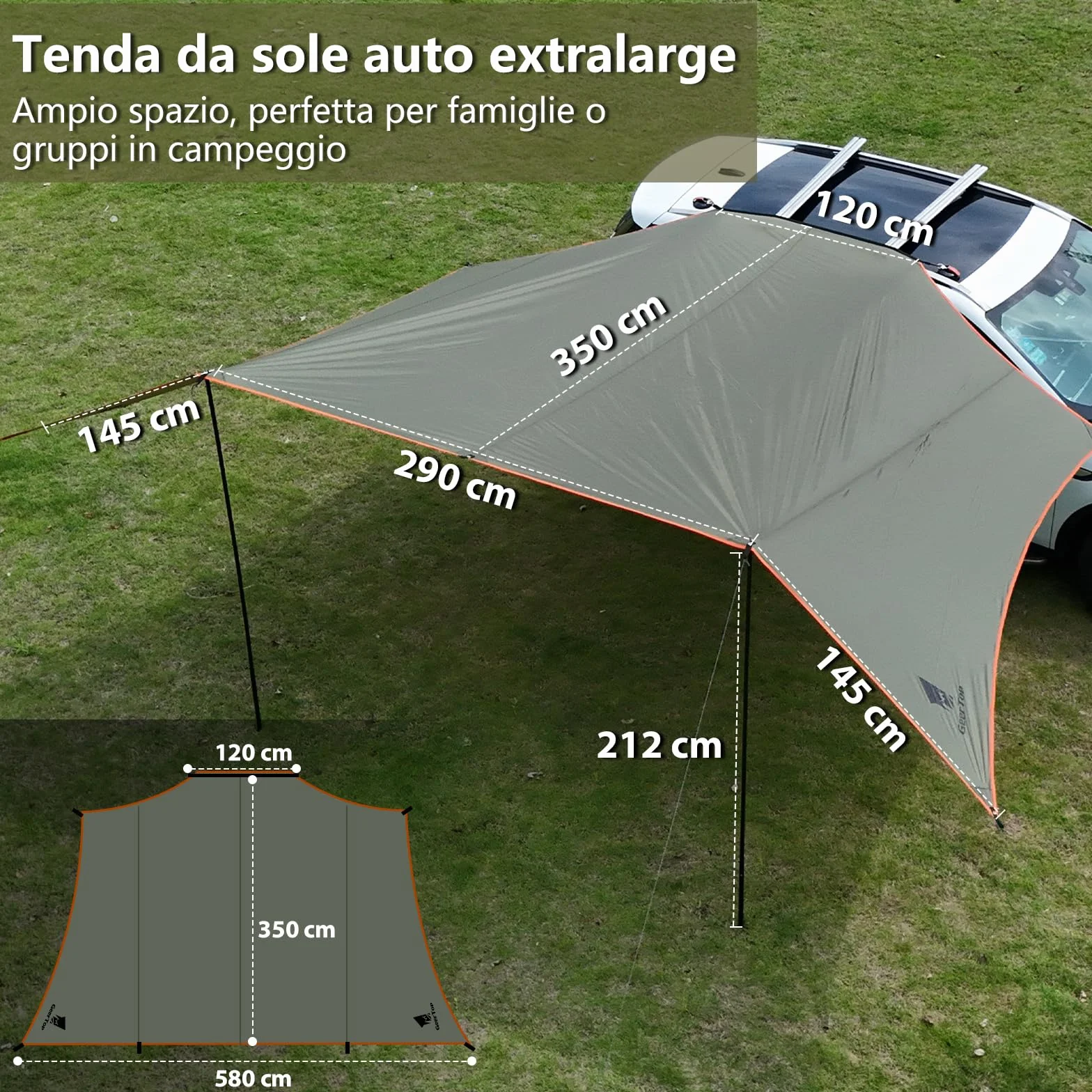 Tenda da Sole Auto GeerTop 3,5 x 5,8 m Impermeabile 3000 mm, Grande Tenda Laterale con 2 Aste, Tettoia Solare Impermeabile per Campeggio Auto, SUV, MPV, Camper