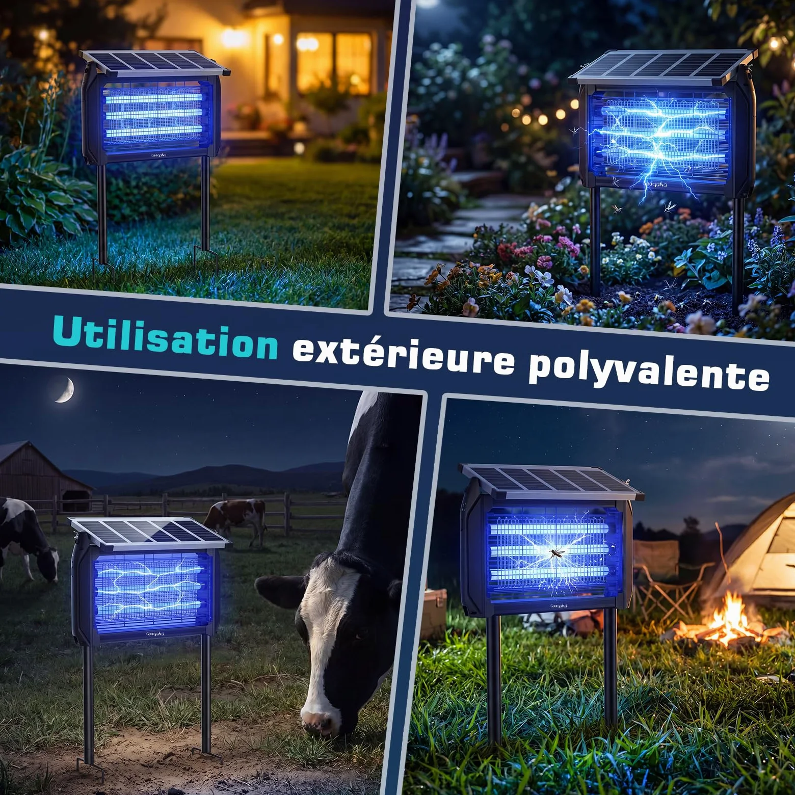 Lampada Antizanzare Elettrica Solare,Zanzariera Elettrica da Esterno 4000V, Ricarica Solare e USB,UV 10W, IPX5 Anti Mosche Elettrico Impermeabile, Ideale per Patio, Giardino e Campeggio