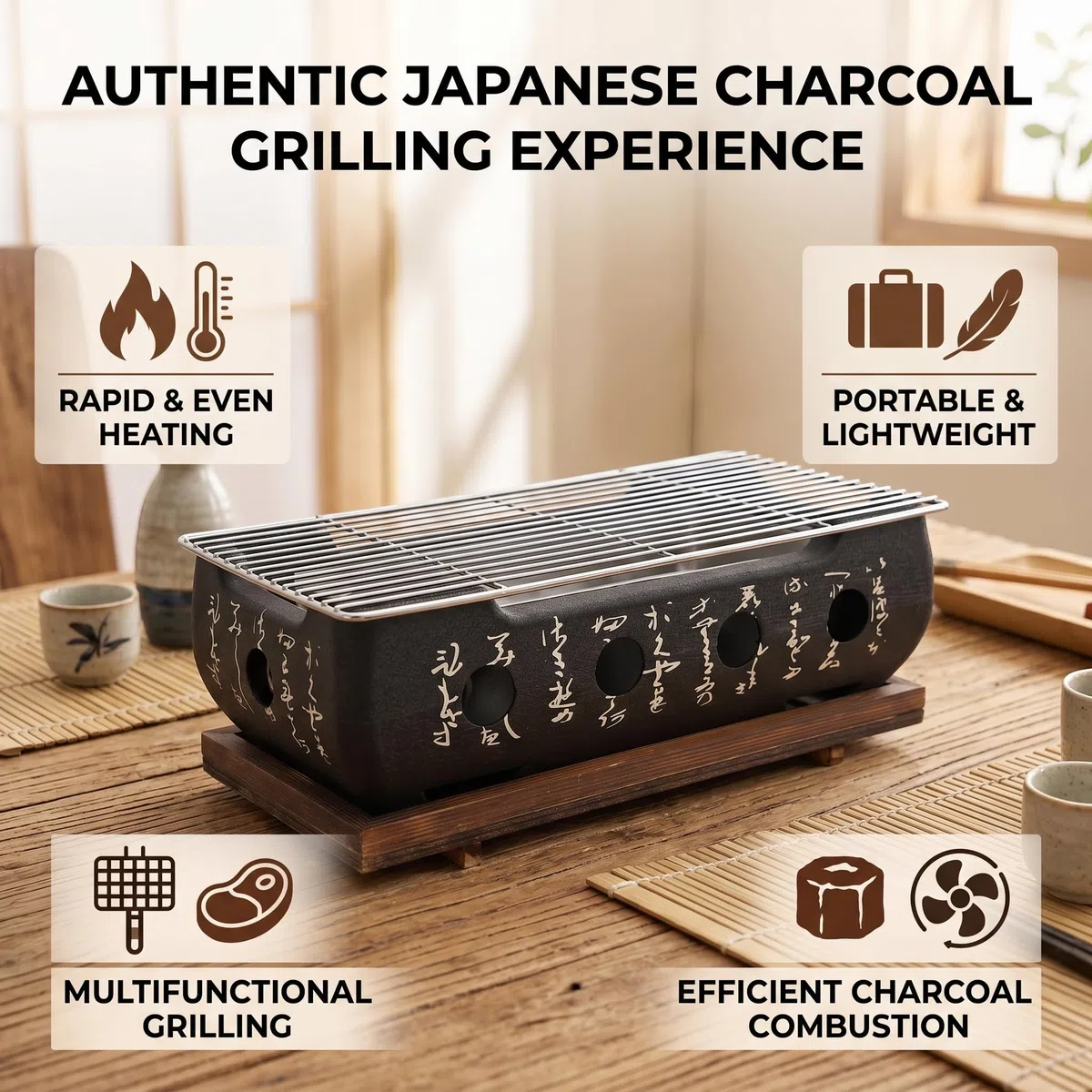 Ausla Griglia Hibachi, Griglia per Barbecue Giapponese Portatile a Carbonella con Base in Legno e Rete, Ideale per Campeggio all'aperto e Picnic (XL)