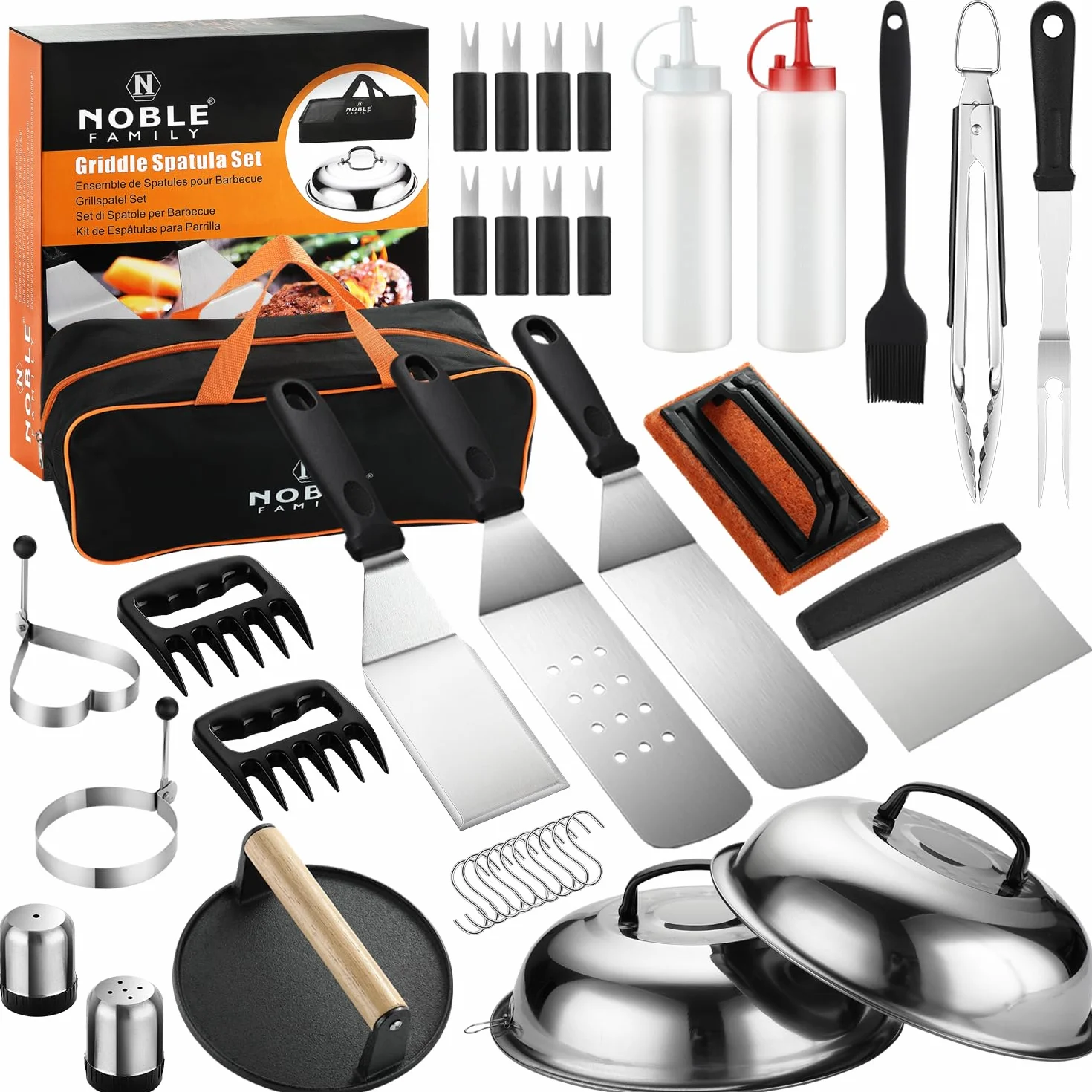 N NOBLE FAMILY 38PCS Kit di Accessori Barbecue, Professionali per Set Spatola Barbecue all'aperto, Spatola per Barbecue per Piastra in Acciaio Inossidabile con Pinze, Pressa per Hamburger, Borsa
