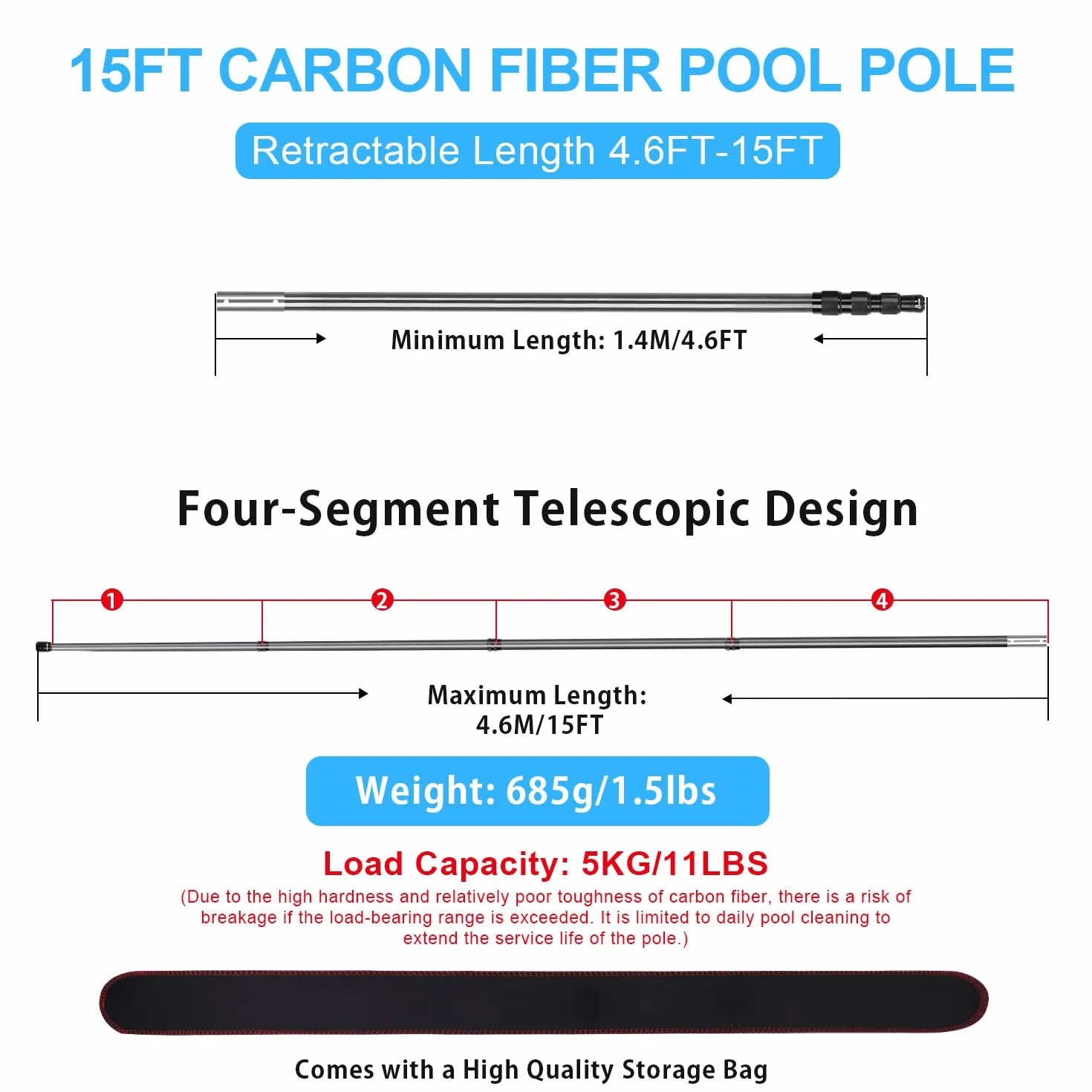 DOBEN Asta telescopica per piscina fibra di carbonio regolabile 1,4-4,6 m professionale
