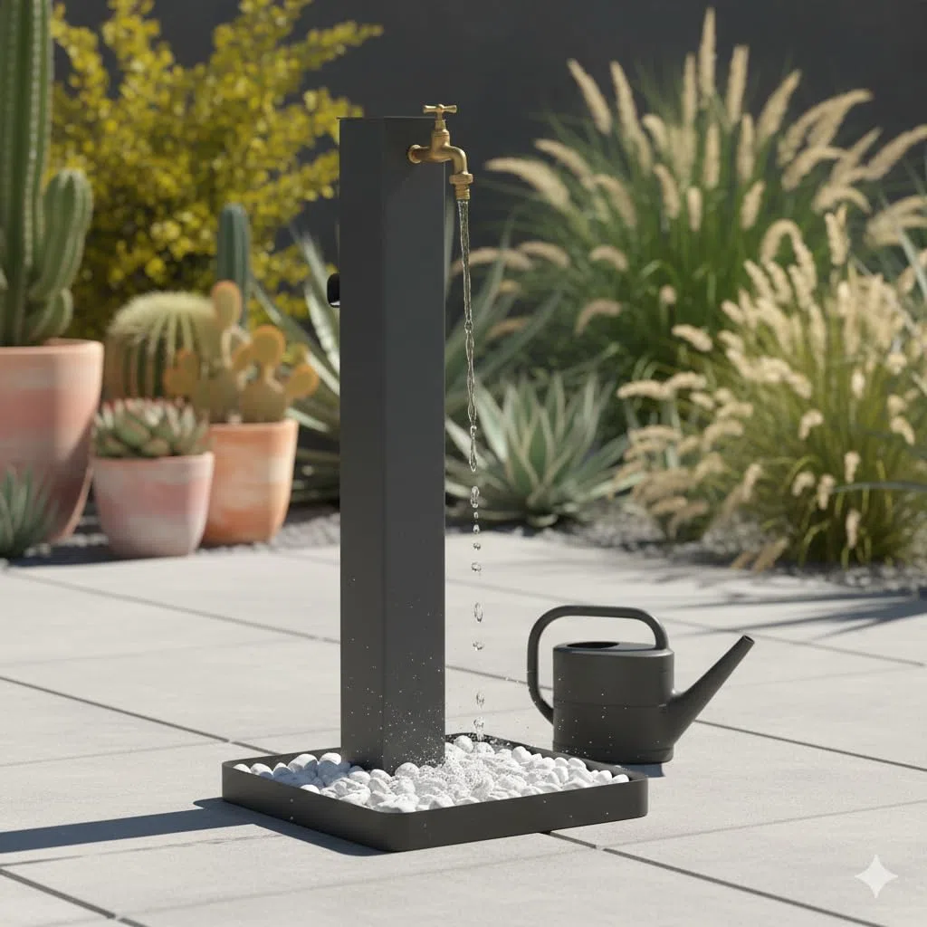 Fontana da Giardino Design a Colonna Quadrata Rubinetto in Ottone Base Ciottoli Antracite