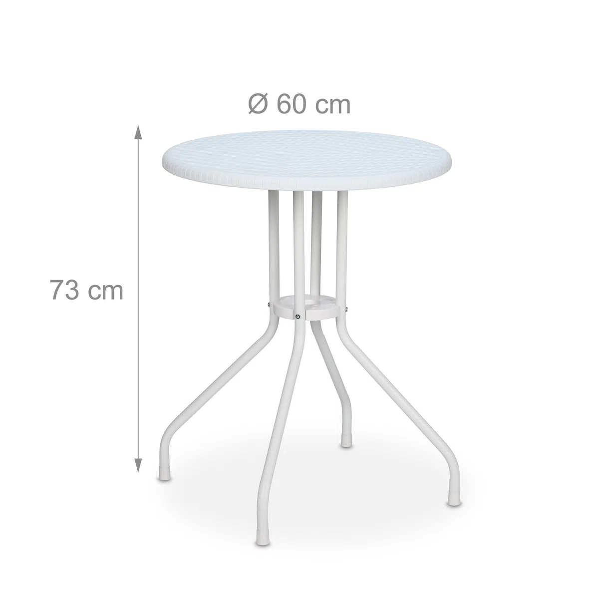 Relaxdays Tavolino da Giardino Rotondo, HxD 73 x 60 cm, Aspetto Rattan, Tavolo in Plastica e Acciaio, da Esterno, Bianco