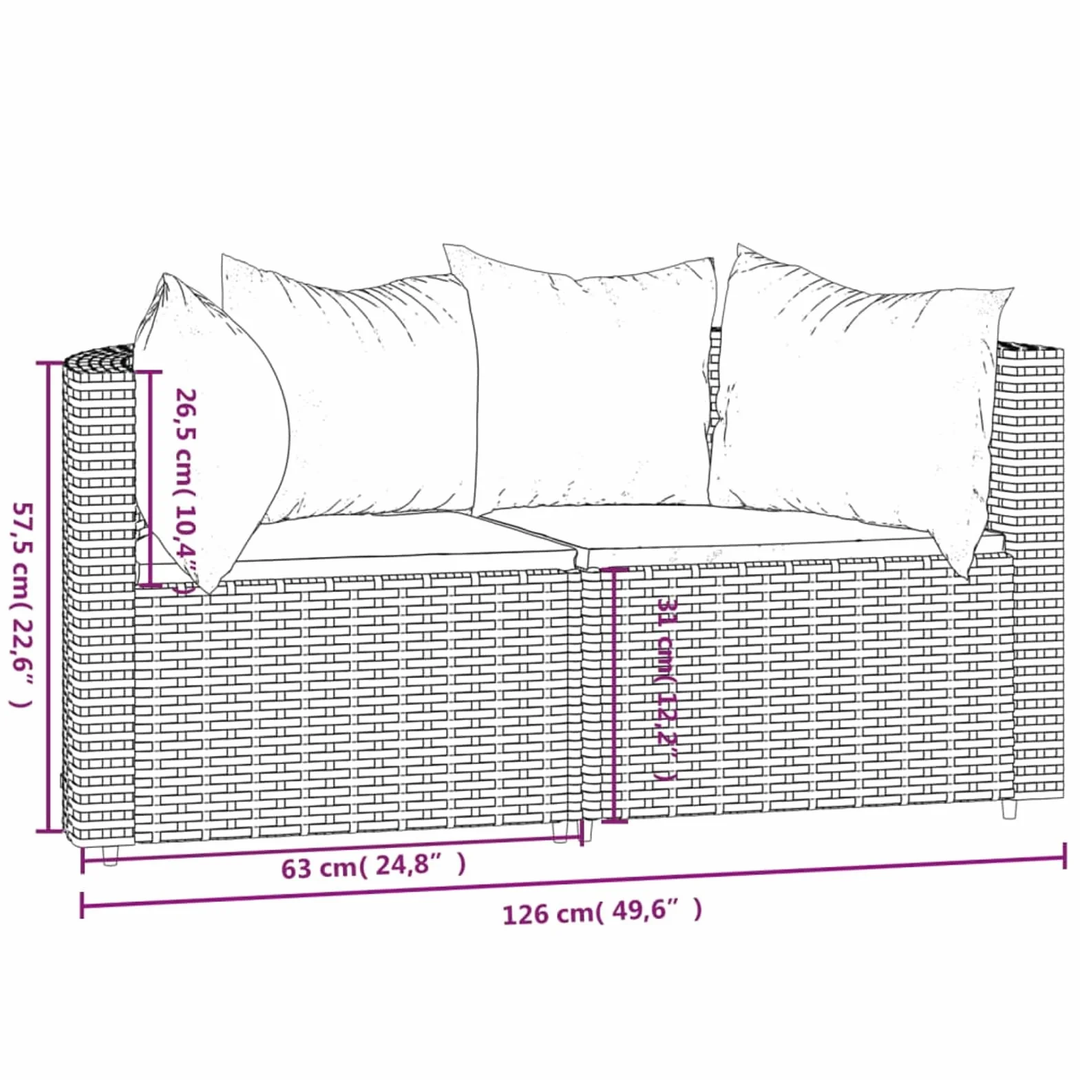 Divani Angolari da Giardino, con Cuscini in Polyrattan Nero e Bianco, Struttura in Acciaio Verniciato a Polvere, Set da 2 Pezzi, 63x63x57,5 cm, per Esterno e Terrazza